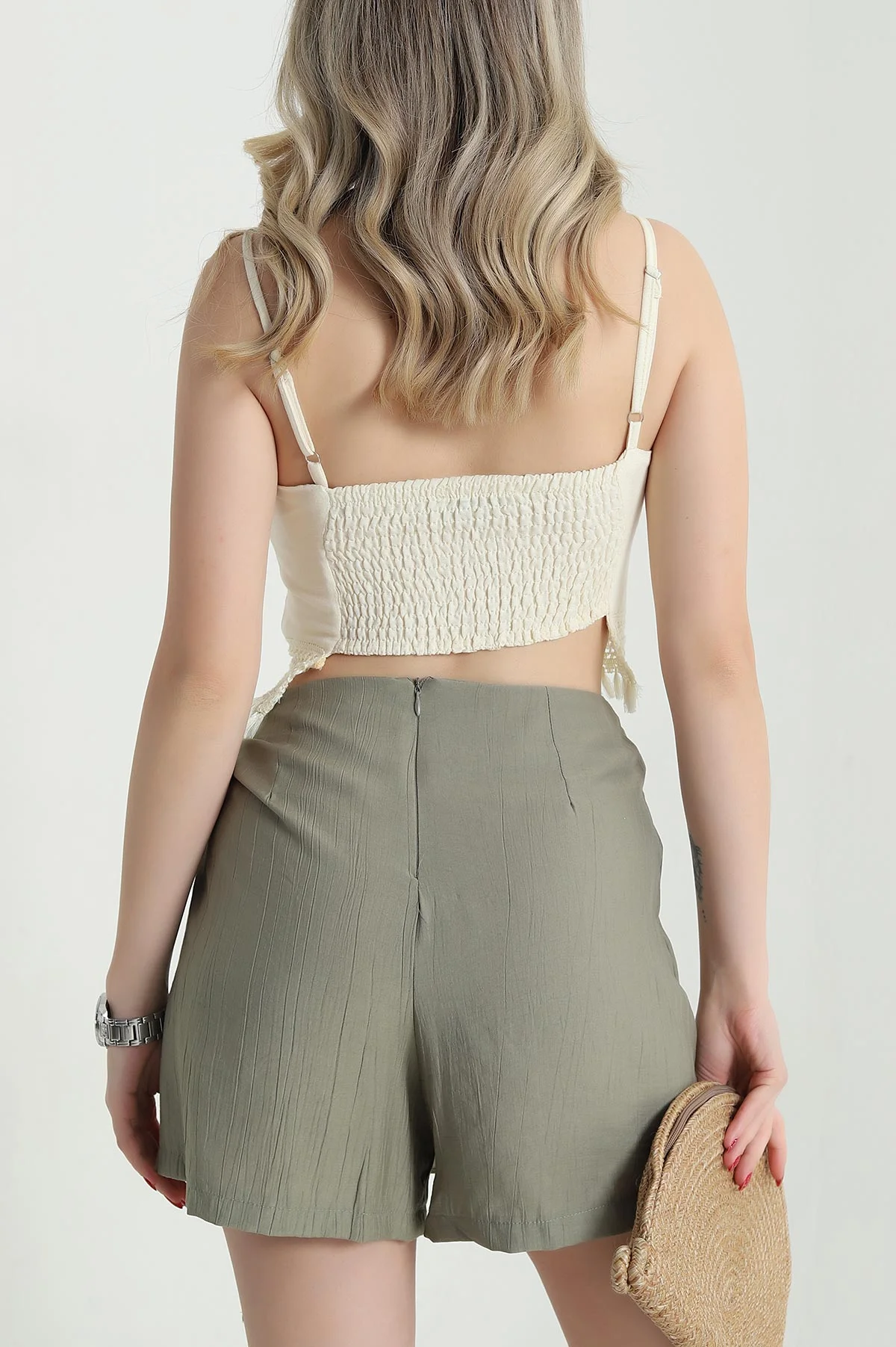 Sarı İp Askılı Keten Kadın Crop 469436