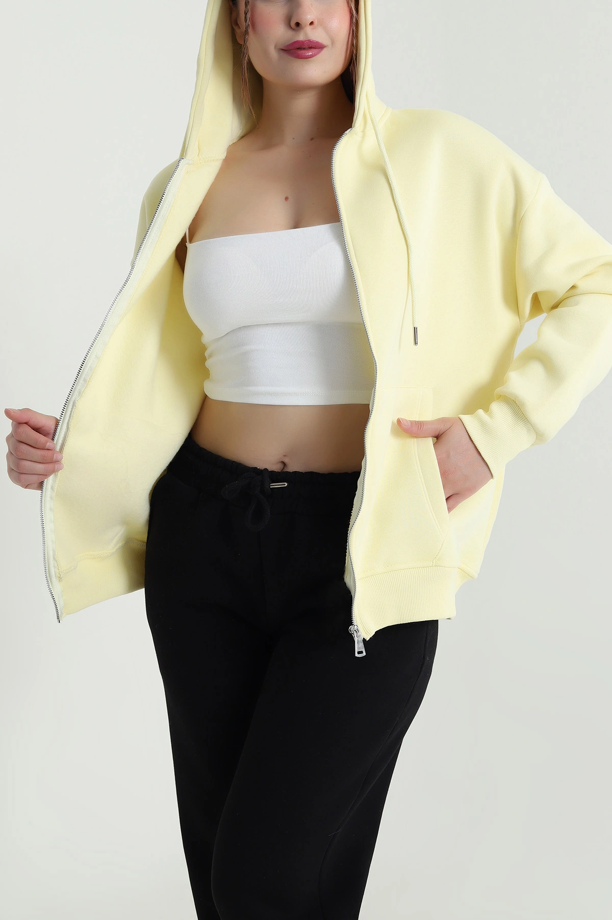 Sarı Kapşonlu Şardonlu Üç İp Kadın Sweat 482266