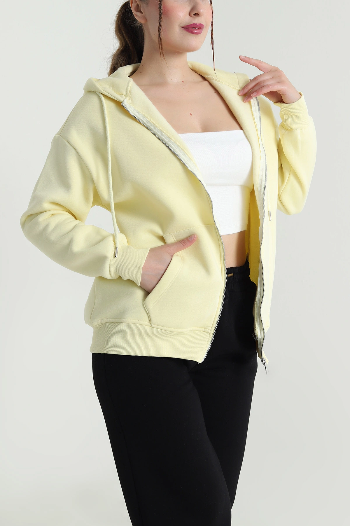Sarı Kapşonlu Şardonlu Üç İp Kadın Sweat 482266