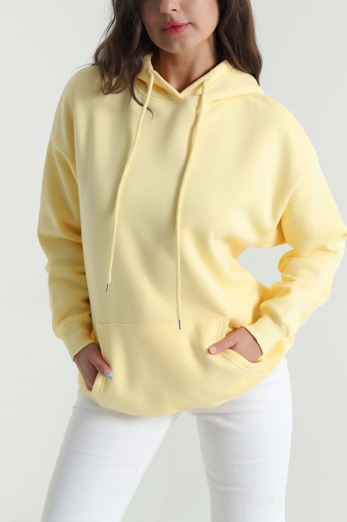 Sarı Kapşonlu Şardonlu Üç İp Kadın Sweat 484980