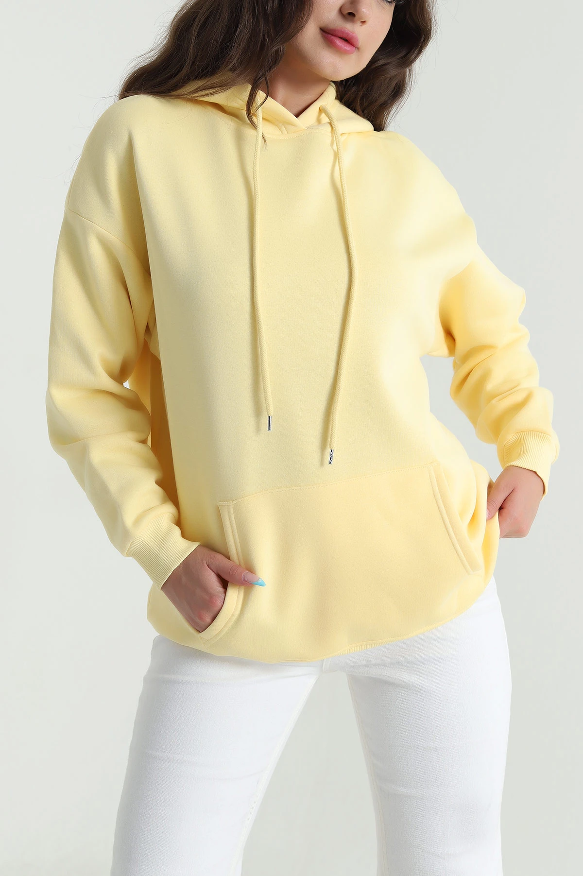 Sarı Kapşonlu Şardonlu Üç İp Kadın Sweat 484980