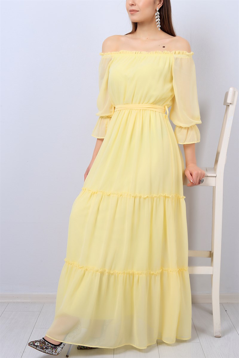 Sarı Kemerli Bükümlü Bayan Şifon Elbise 13623B