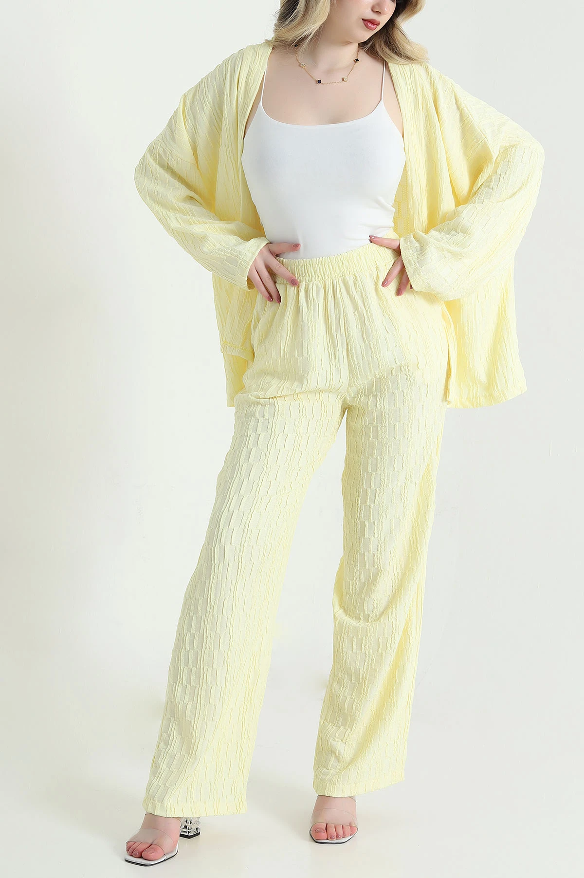 Sarı Kimono Pantolon Gofre Kadın İkili Takım 458358