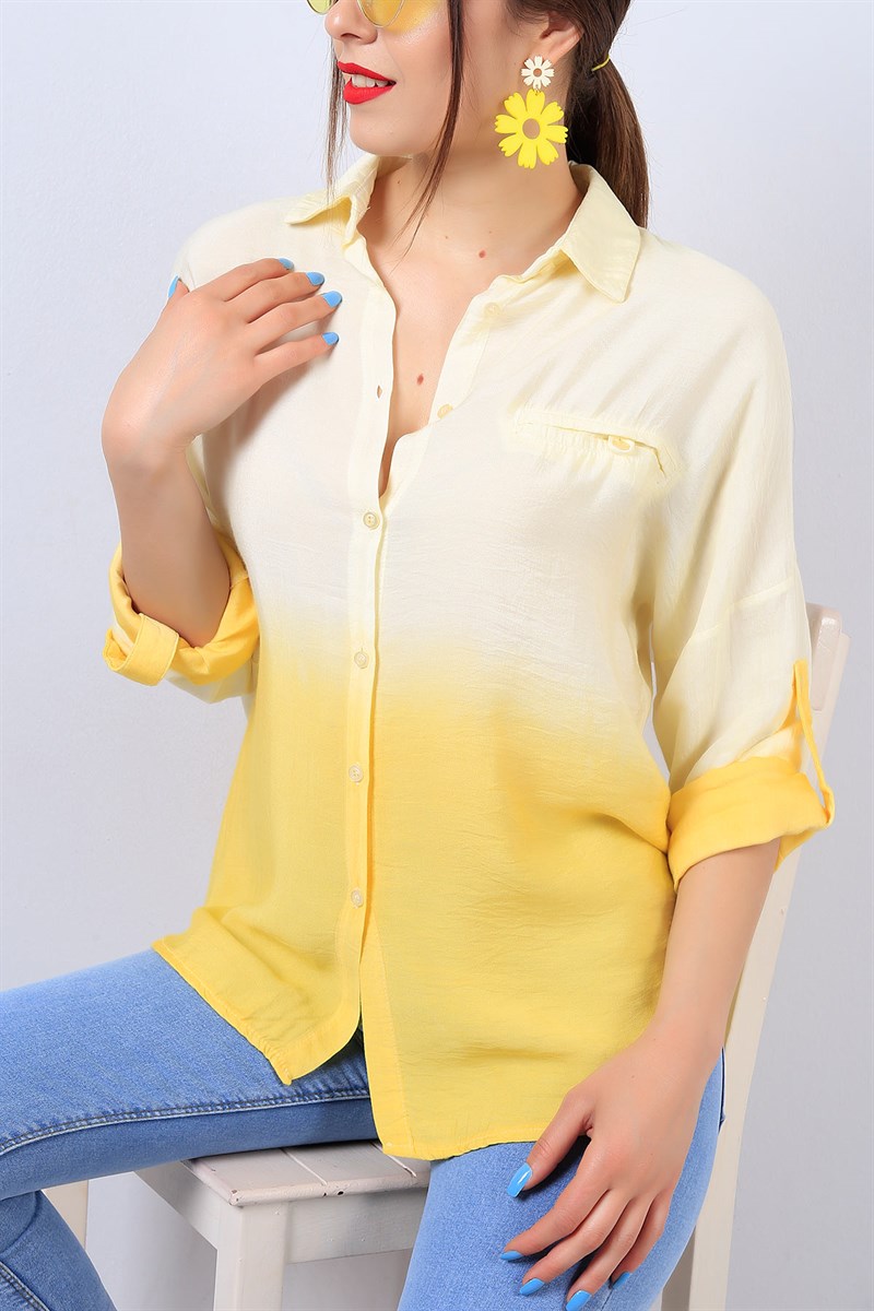 Sarı Kol Katlamalı Batik Yıkama Gömlek 13740B