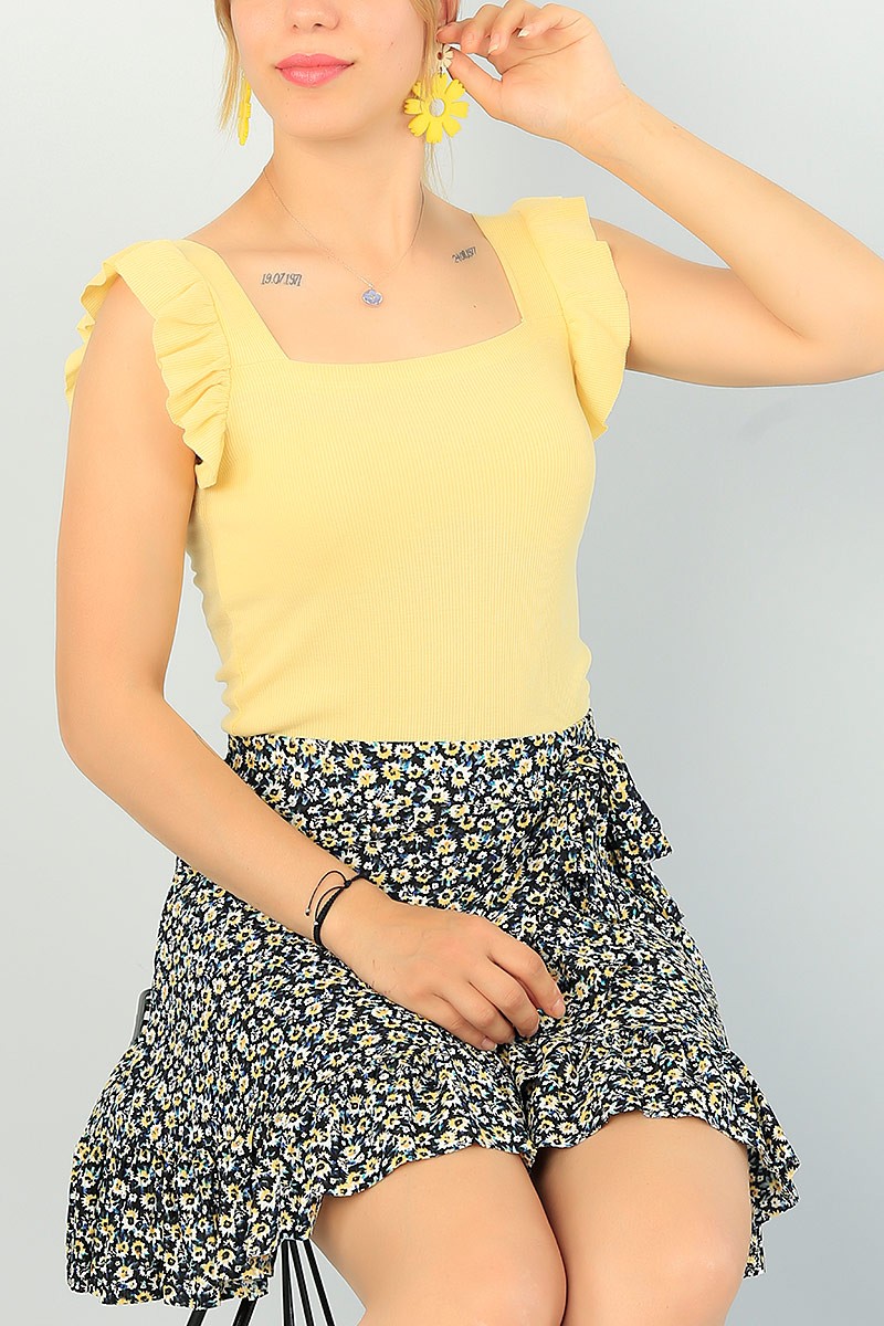 Sarı Kolları Fırfırlı Fitilli Bluz 67837