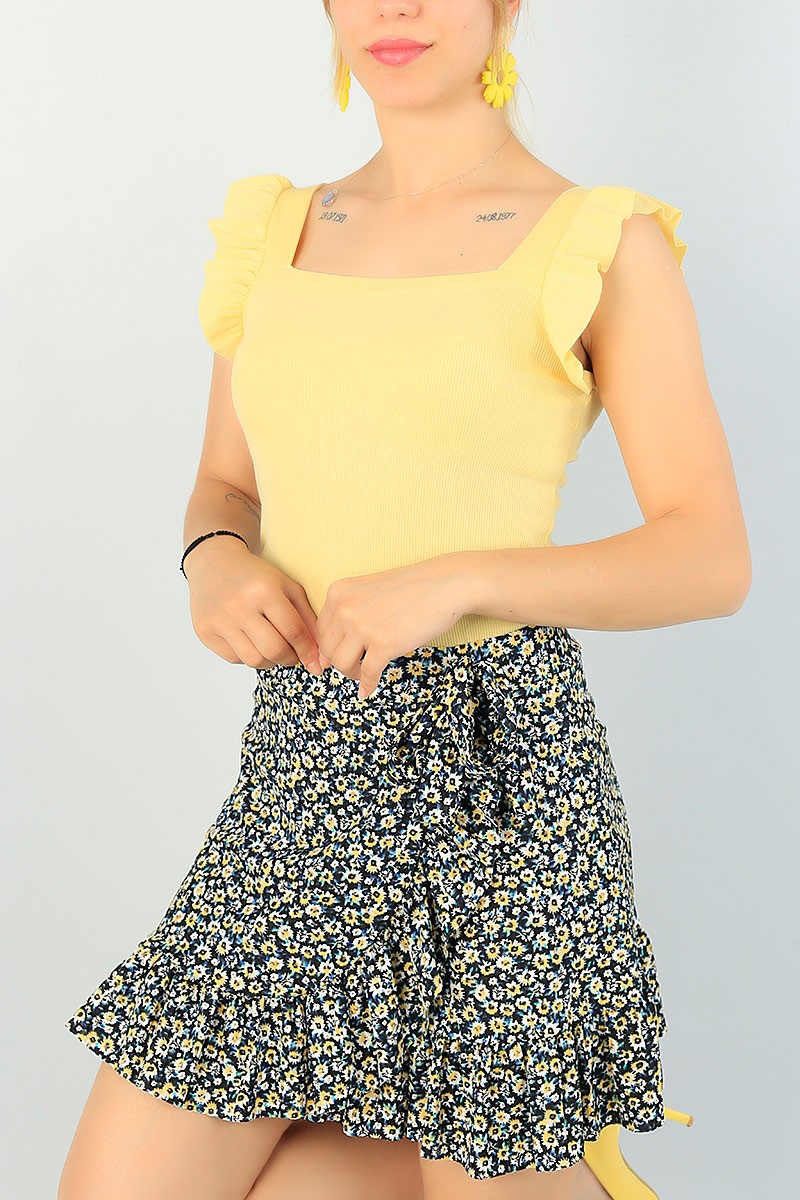 Sarı Kolları Fırfırlı Fitilli Bluz 67837