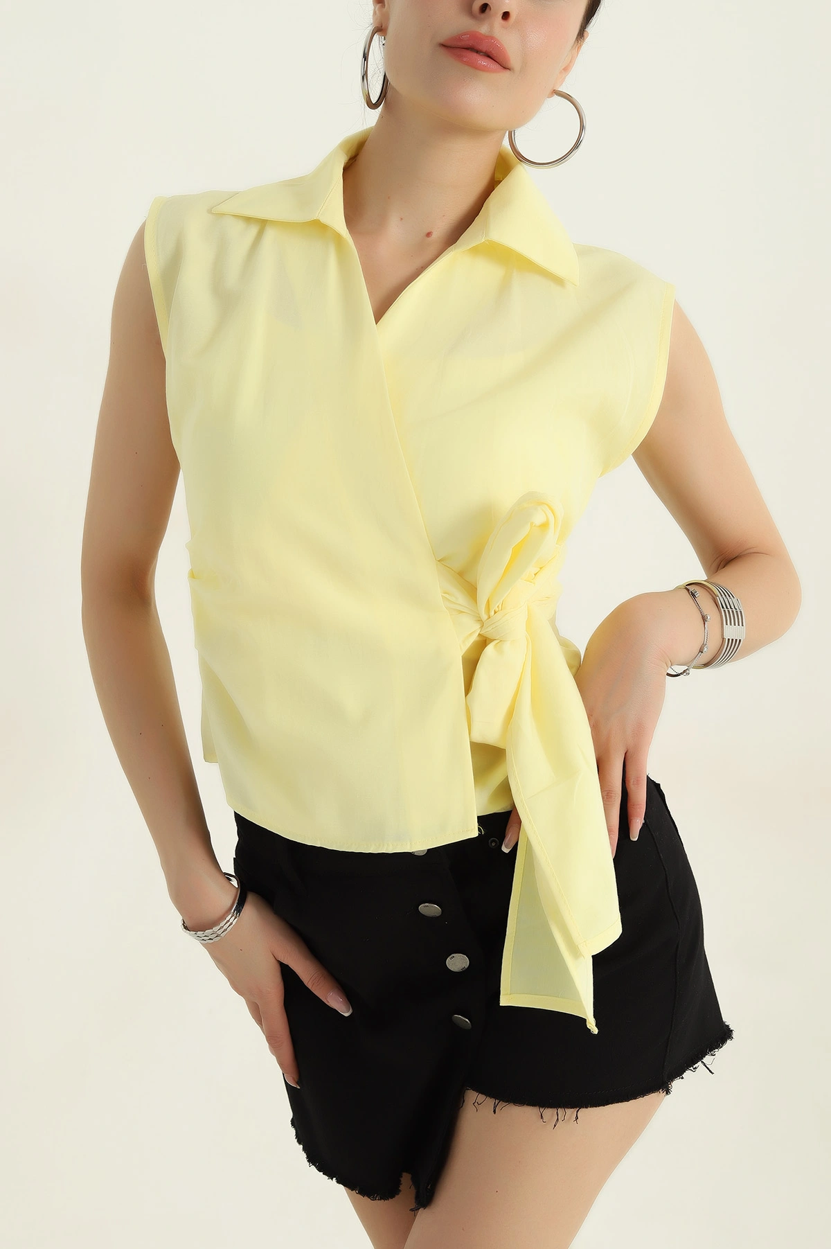 Sarı Kolsuz Poplin Kadın Gömlek 372054