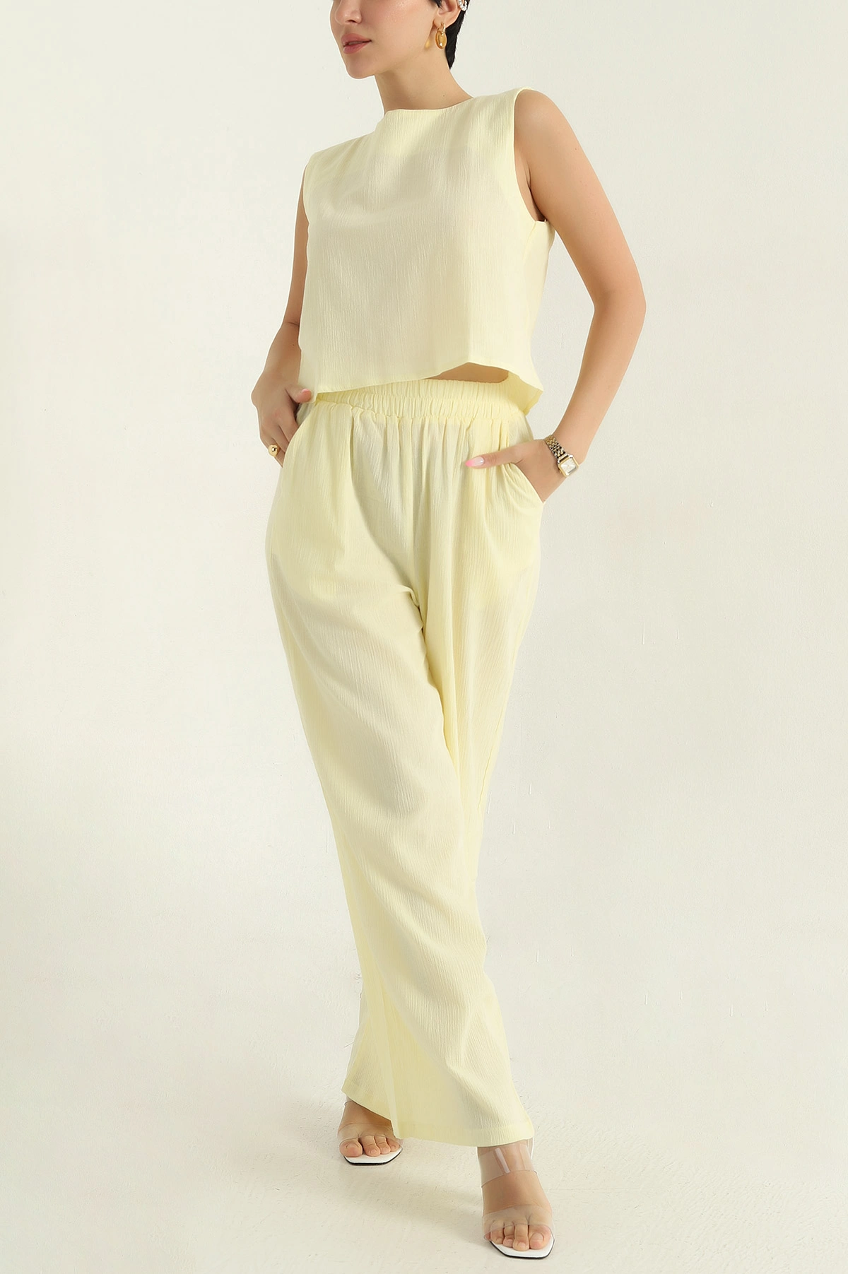 Sarı Krinkıl Bluz Pantolon Kadın İkili Takım 374507