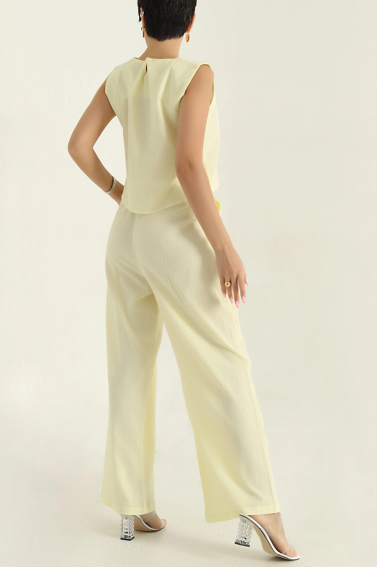 Sarı Krinkıl Bluz Pantolon Kadın İkili Takım 374507