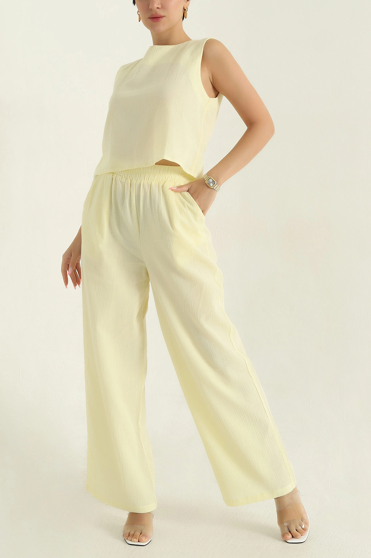Sarı Krinkıl Bluz Pantolon Kadın İkili Takım 374507