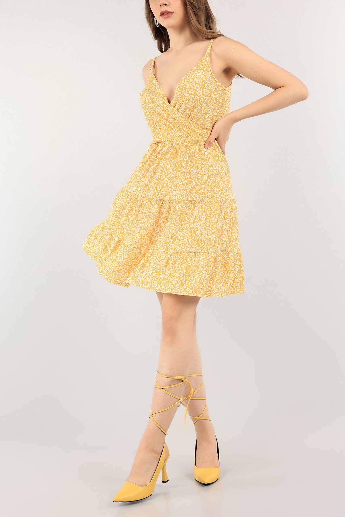 Sarı Kruvaze Yaka Desenli Elbise 115827