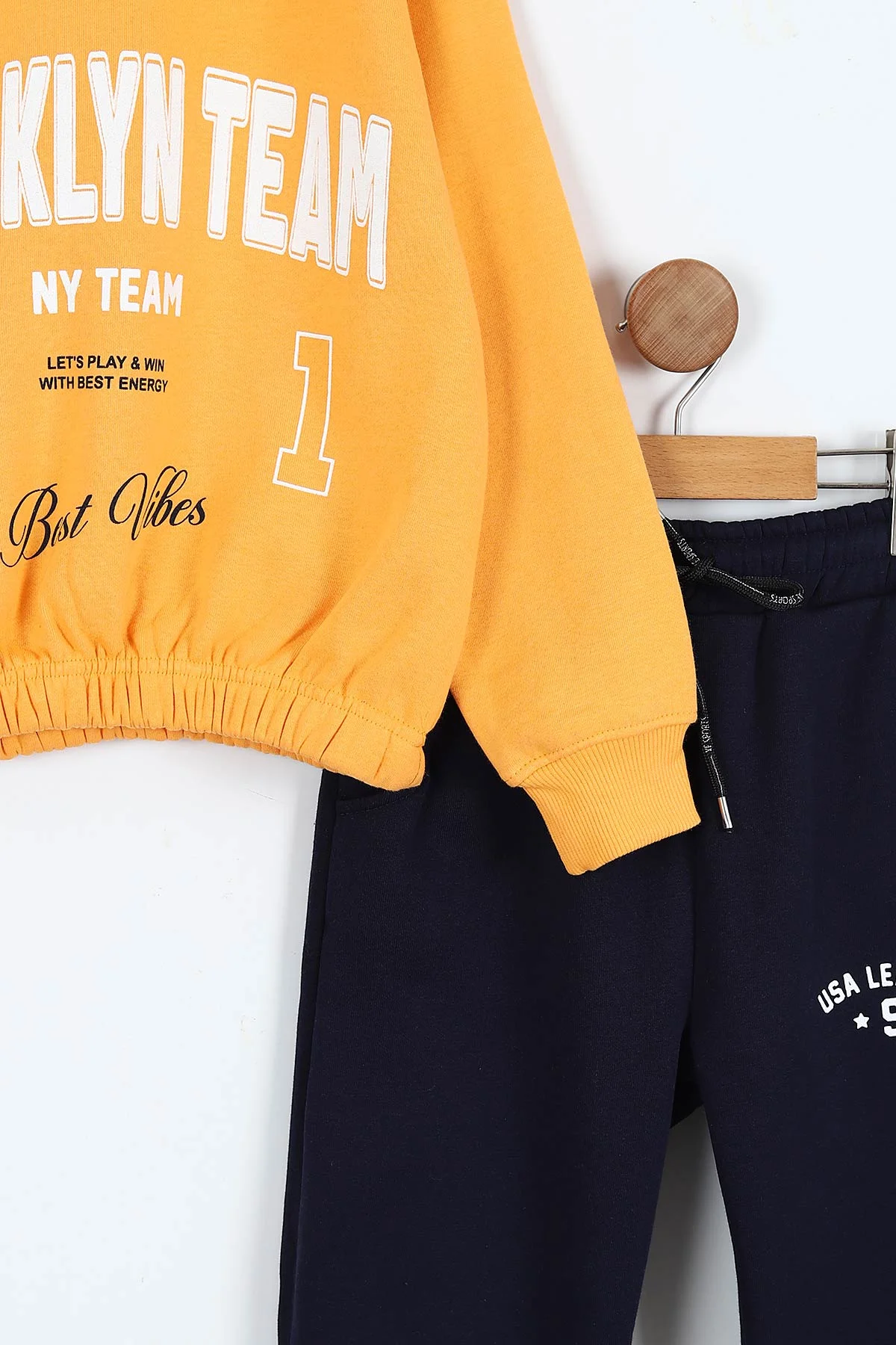 Sarı Lacivert (9-12 Yaş) Brooklyn Team Baskılı Belden Lastikli 3 İp Şardonlu Kız Çocuk Kışlık Takım 405089
