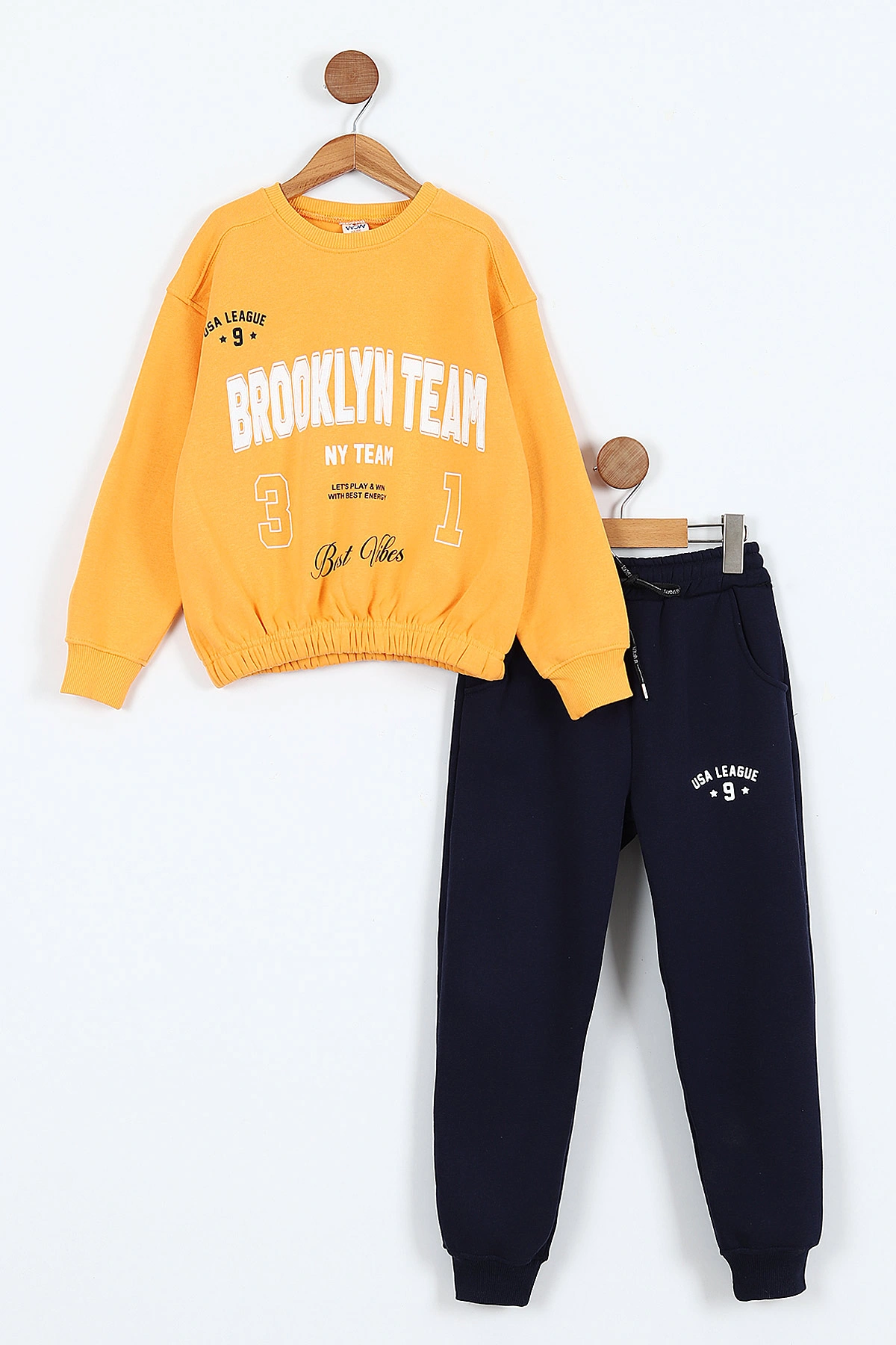 Sarı Lacivert (9-12 Yaş) Brooklyn Team Baskılı Belden Lastikli 3 İp Şardonlu Kız Çocuk Kışlık Takım 405089