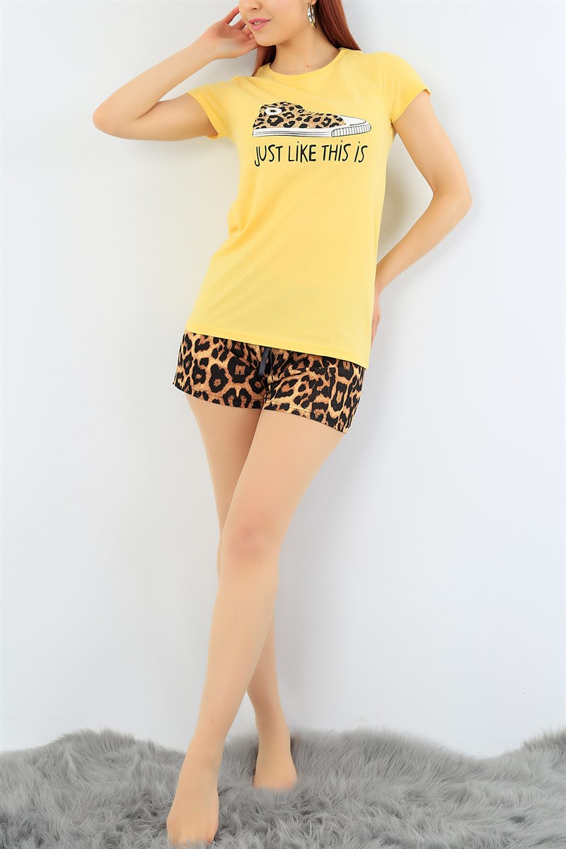 Sarı Leopar Desenli Bayan Pijama Takımı 31325