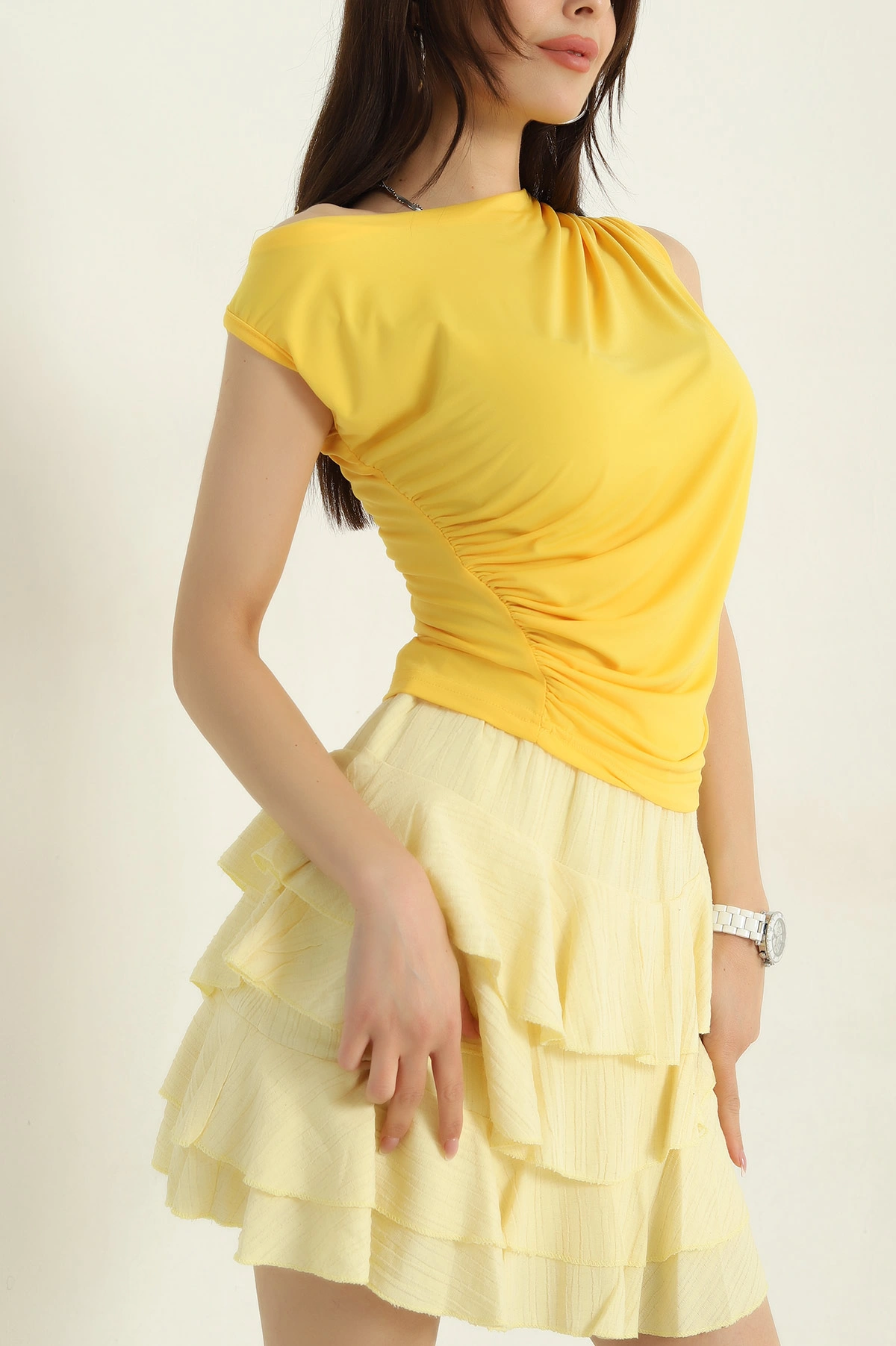 Sarı Likralı Büzgülü Sandy Kadın Bluz 371037