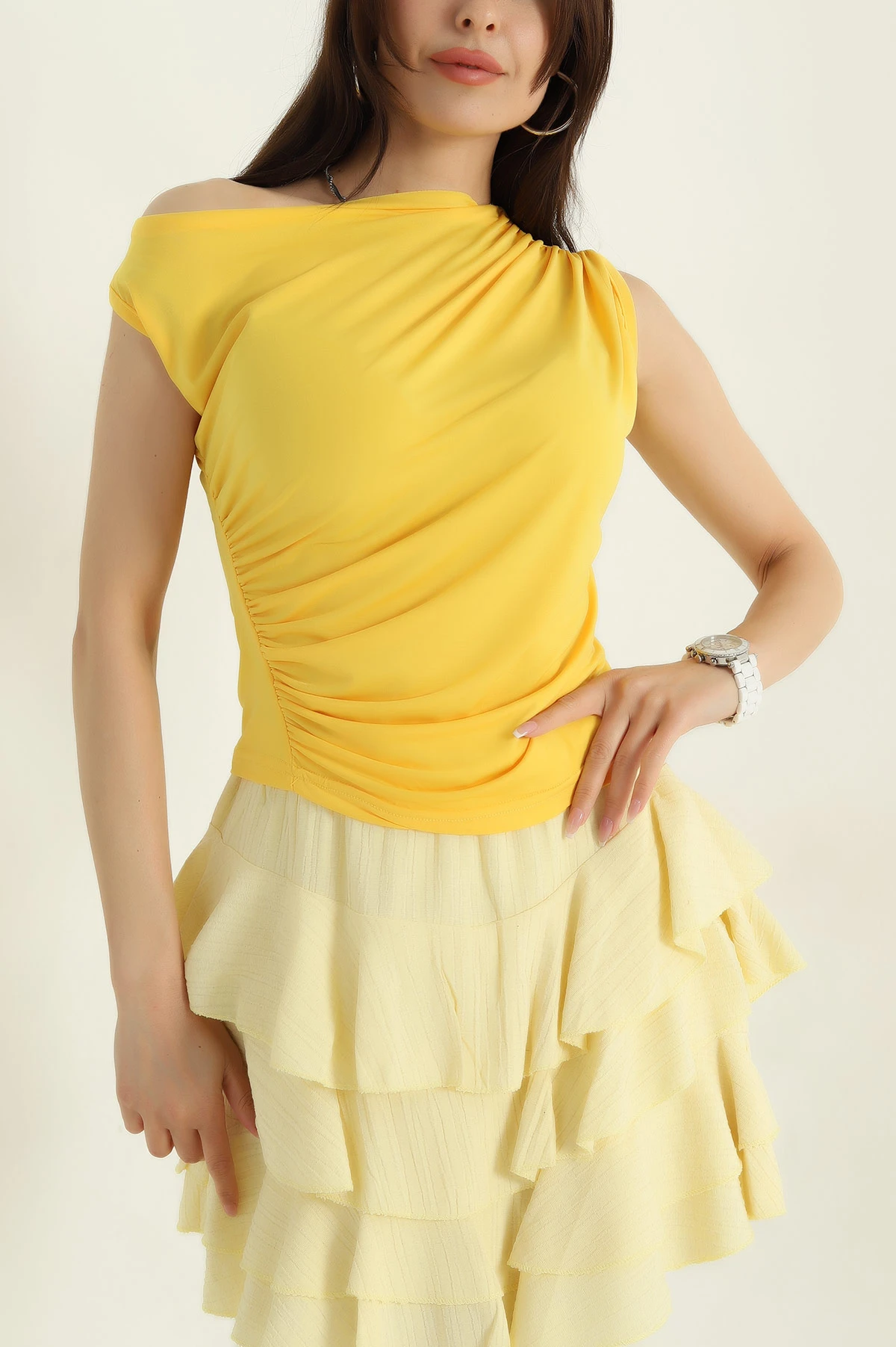 Sarı Likralı Büzgülü Sandy Kadın Bluz 371037