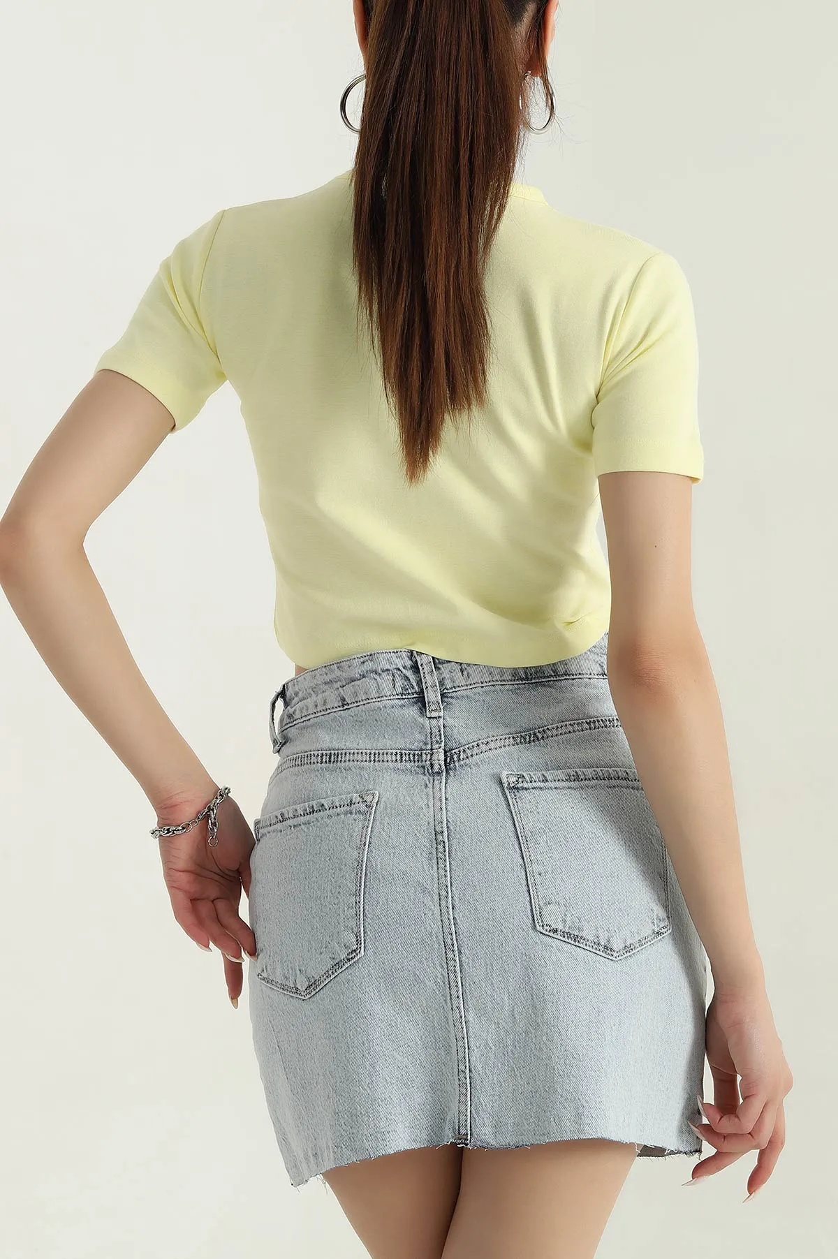 Sarı Likralı İnterlok Kadın Crop Bluz 378665