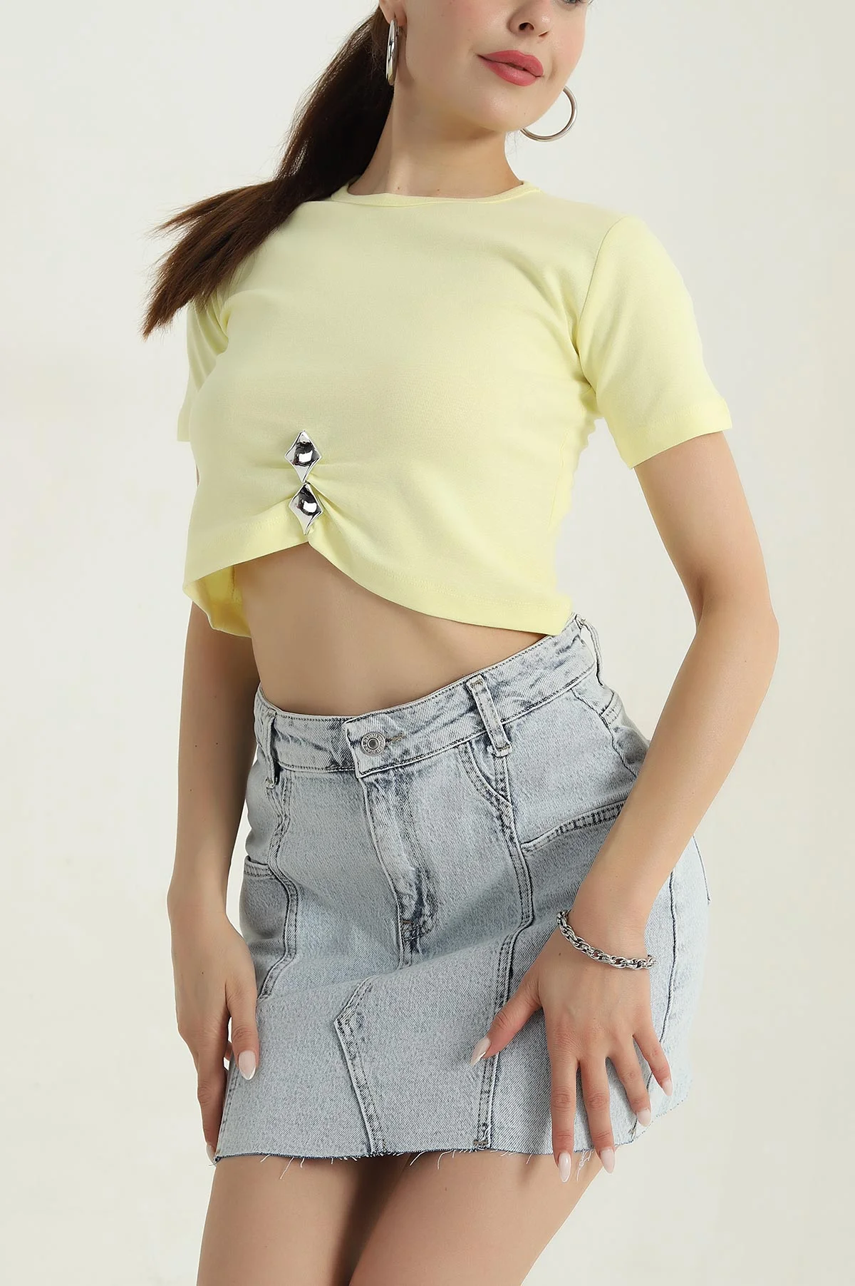 Sarı Likralı İnterlok Kadın Crop Bluz 378665