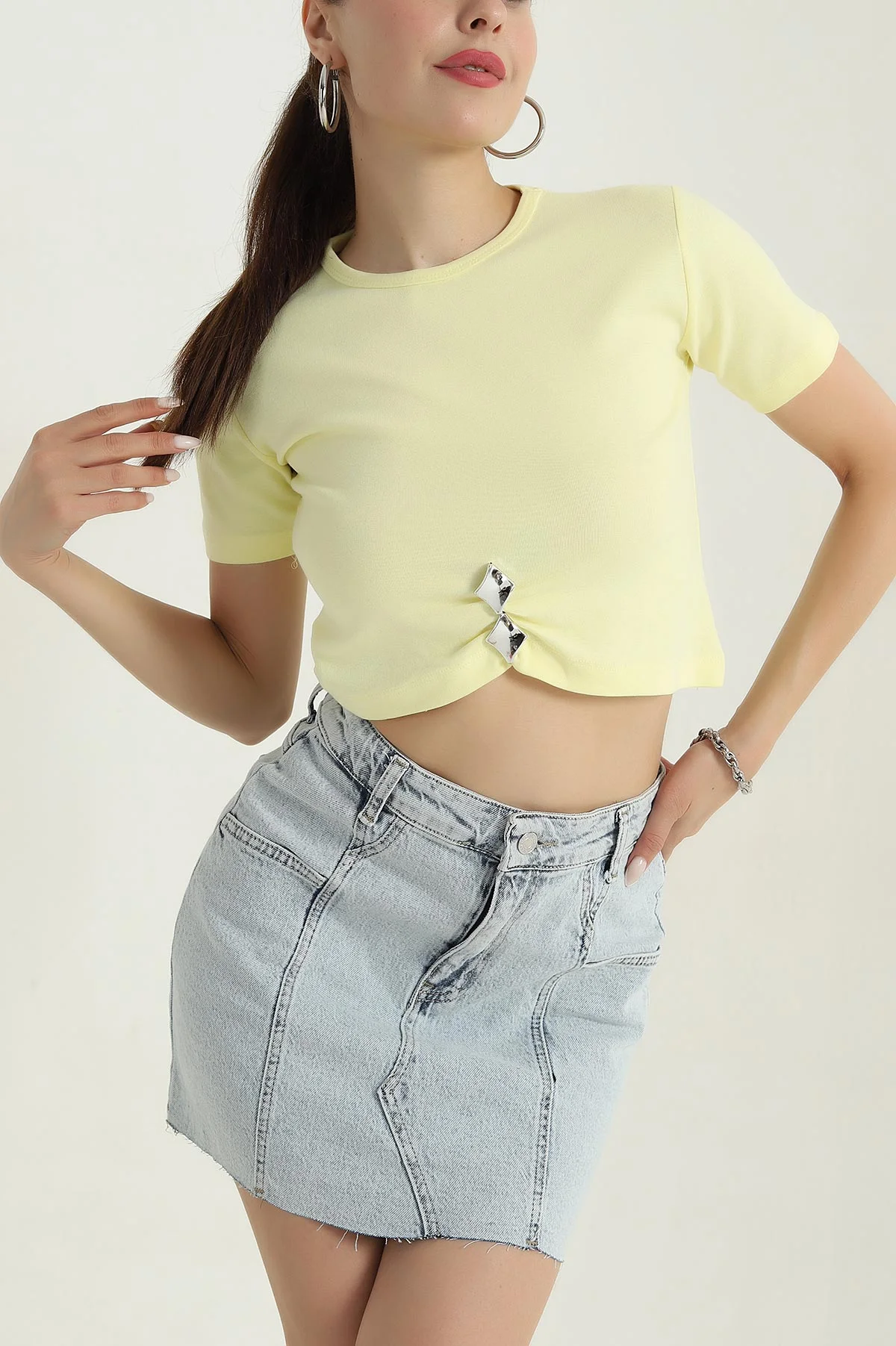 Sarı Likralı İnterlok Kadın Crop Bluz 378665