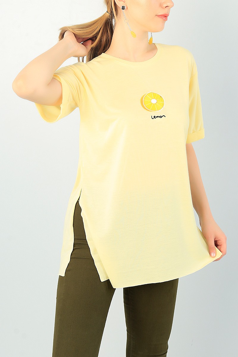 Sarı Limon Nakışlı Bayan Yırtmaçlı Tişört 66673