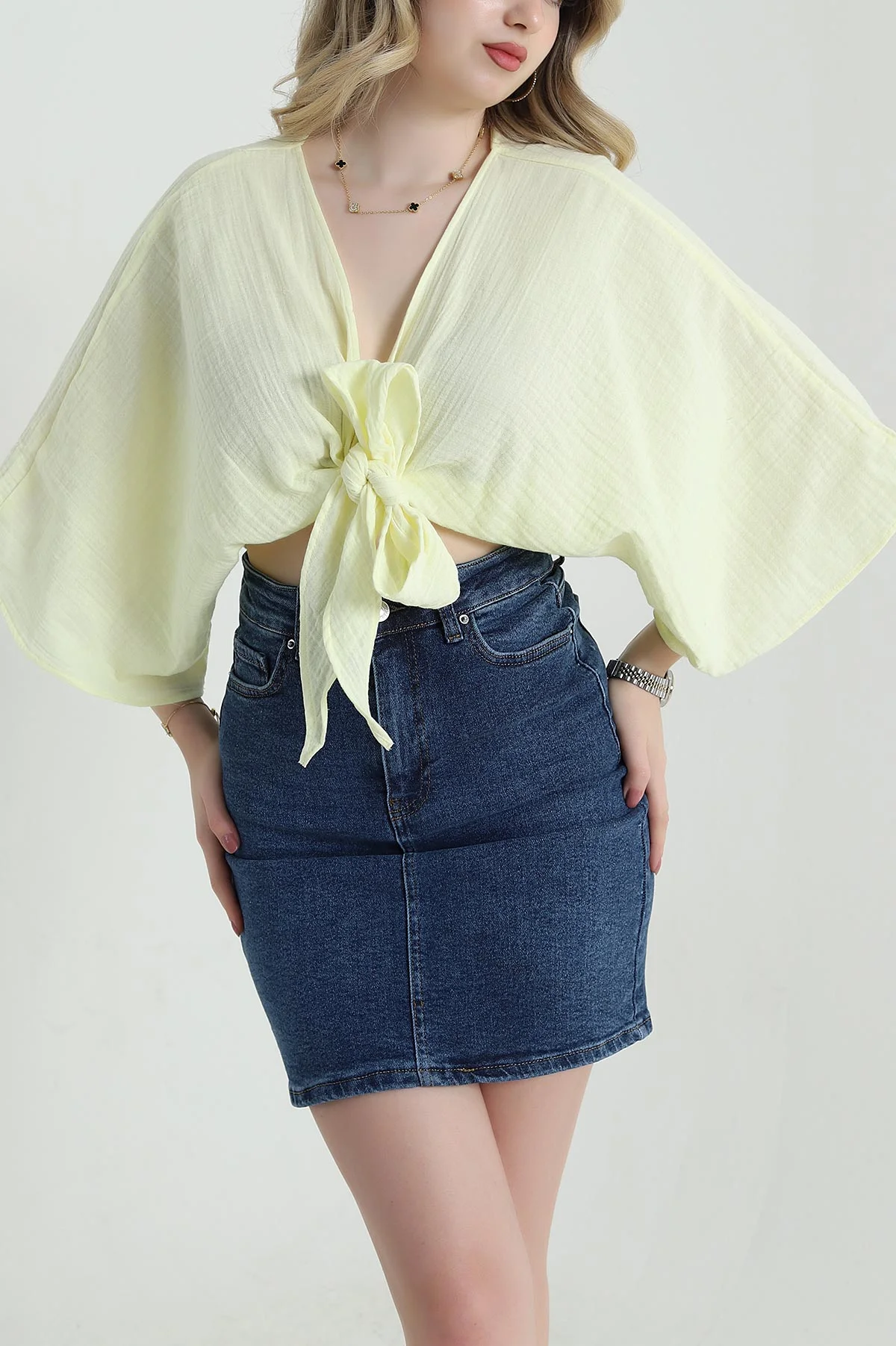 Sarı Müslin Keten Kadın Kimono Bluz 457343