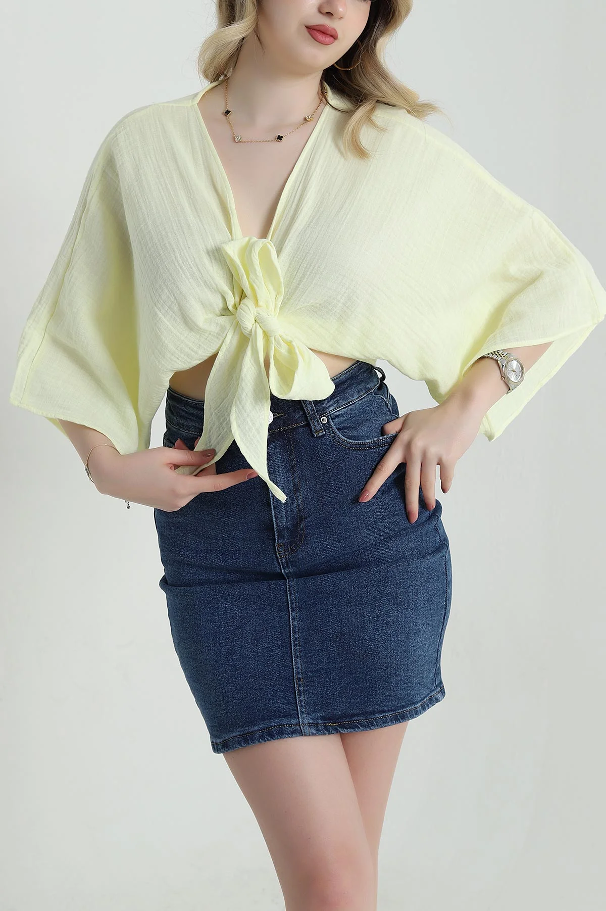 Sarı Müslin Keten Kadın Kimono Bluz 457343
