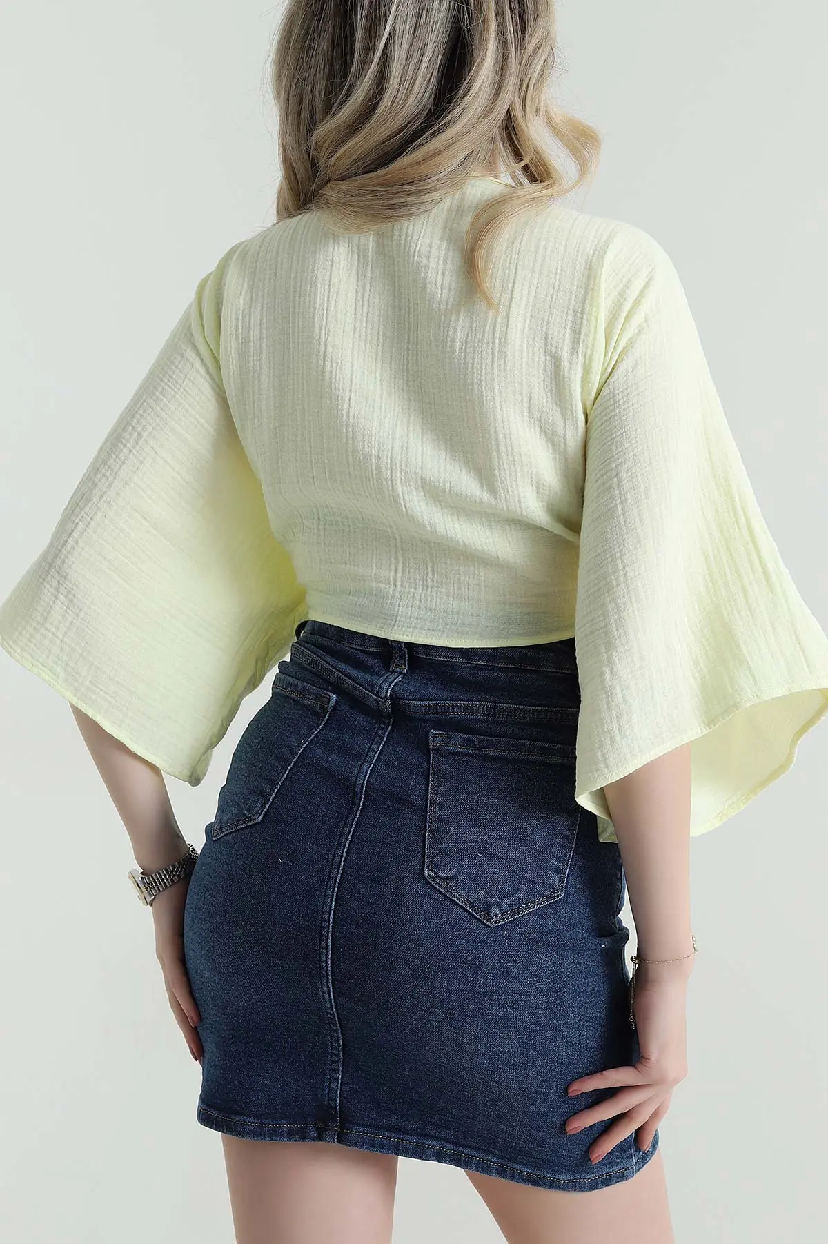 Sarı Müslin Keten Kadın Kimono Bluz 457343