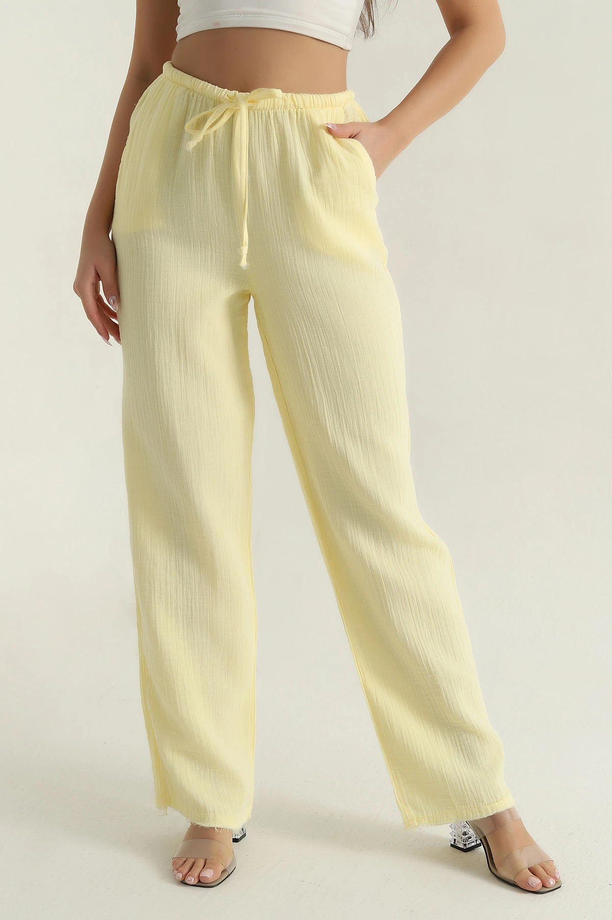 Sarı Müslin Keten Kadın Pantolon 377405