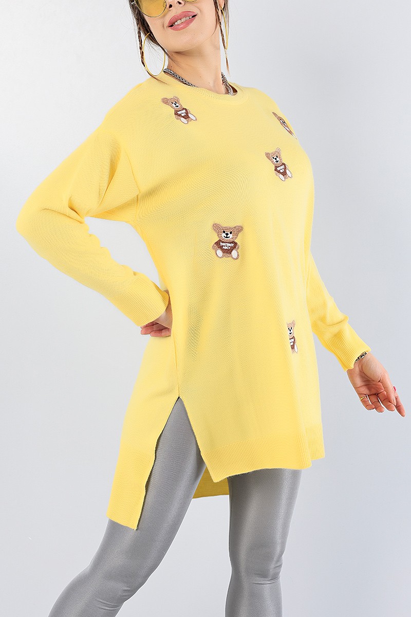 Sarı Nakış İşlemeli Triko Kazak Tunik 78882