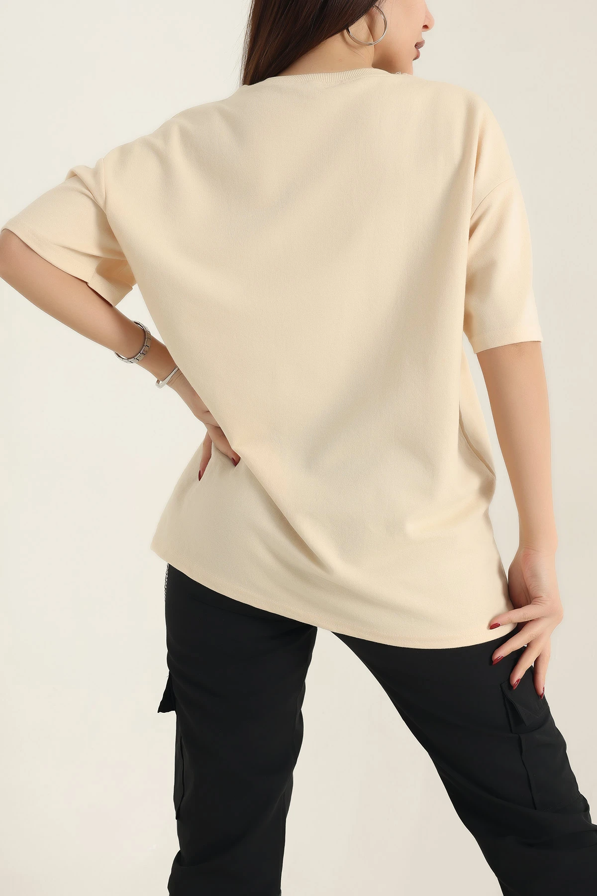 Sarı Nakışlı Bisiklet Yaka Oversize İki Bayan Tişört 337636