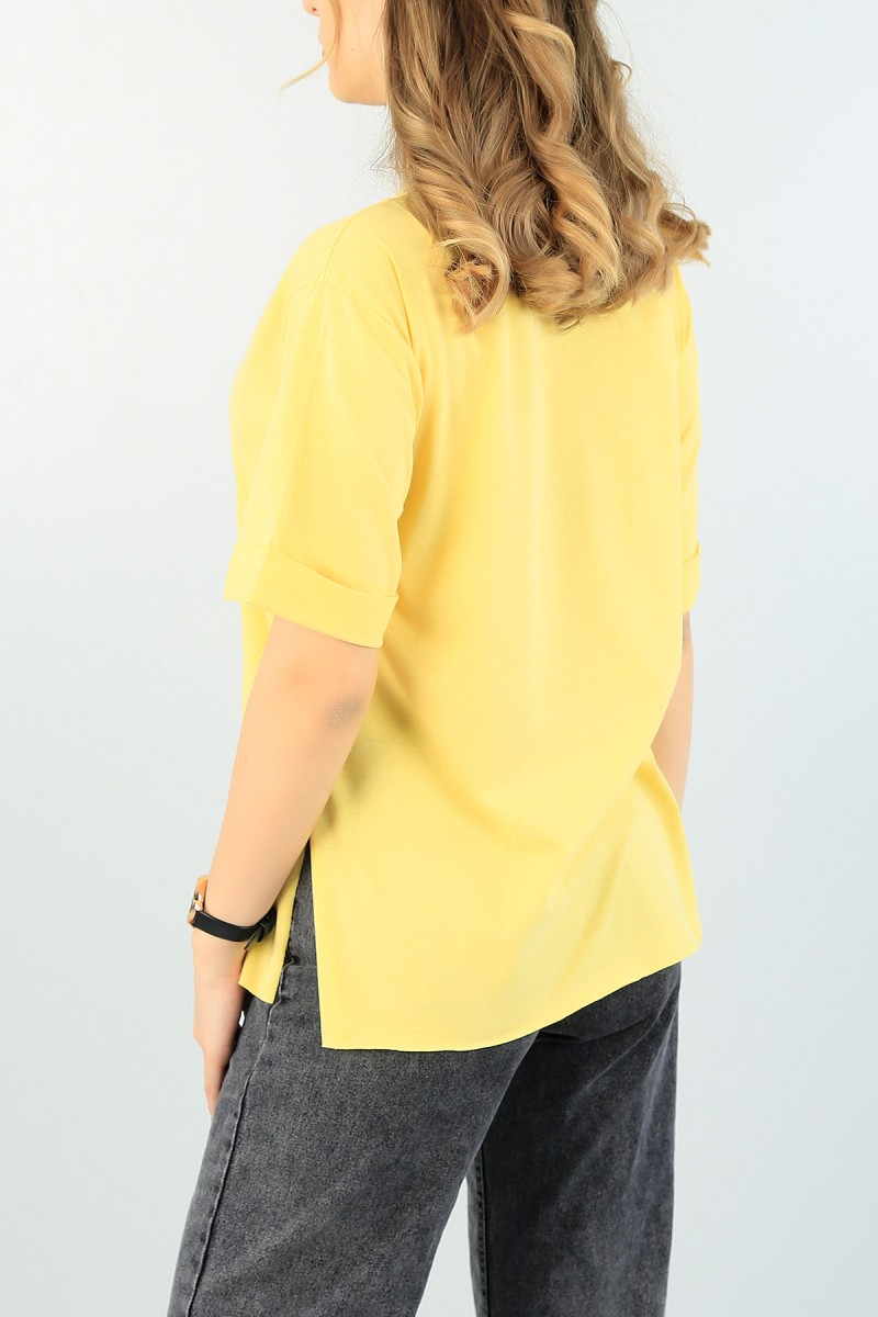 Sarı Nakışlı Duble Kol Bayan Tişört 61310