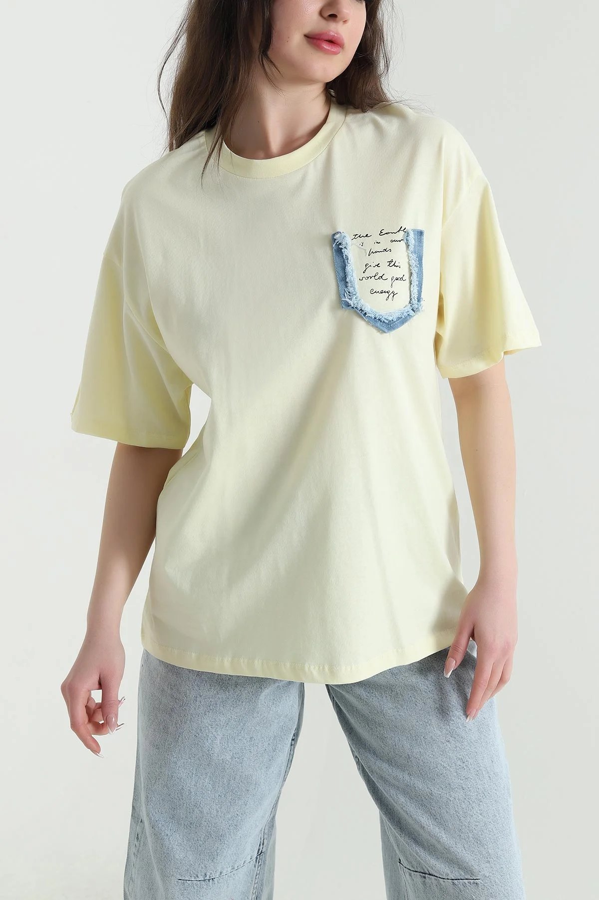 Sarı Oversize Bisiklet Yaka Süprem Kadın Tişört 452517