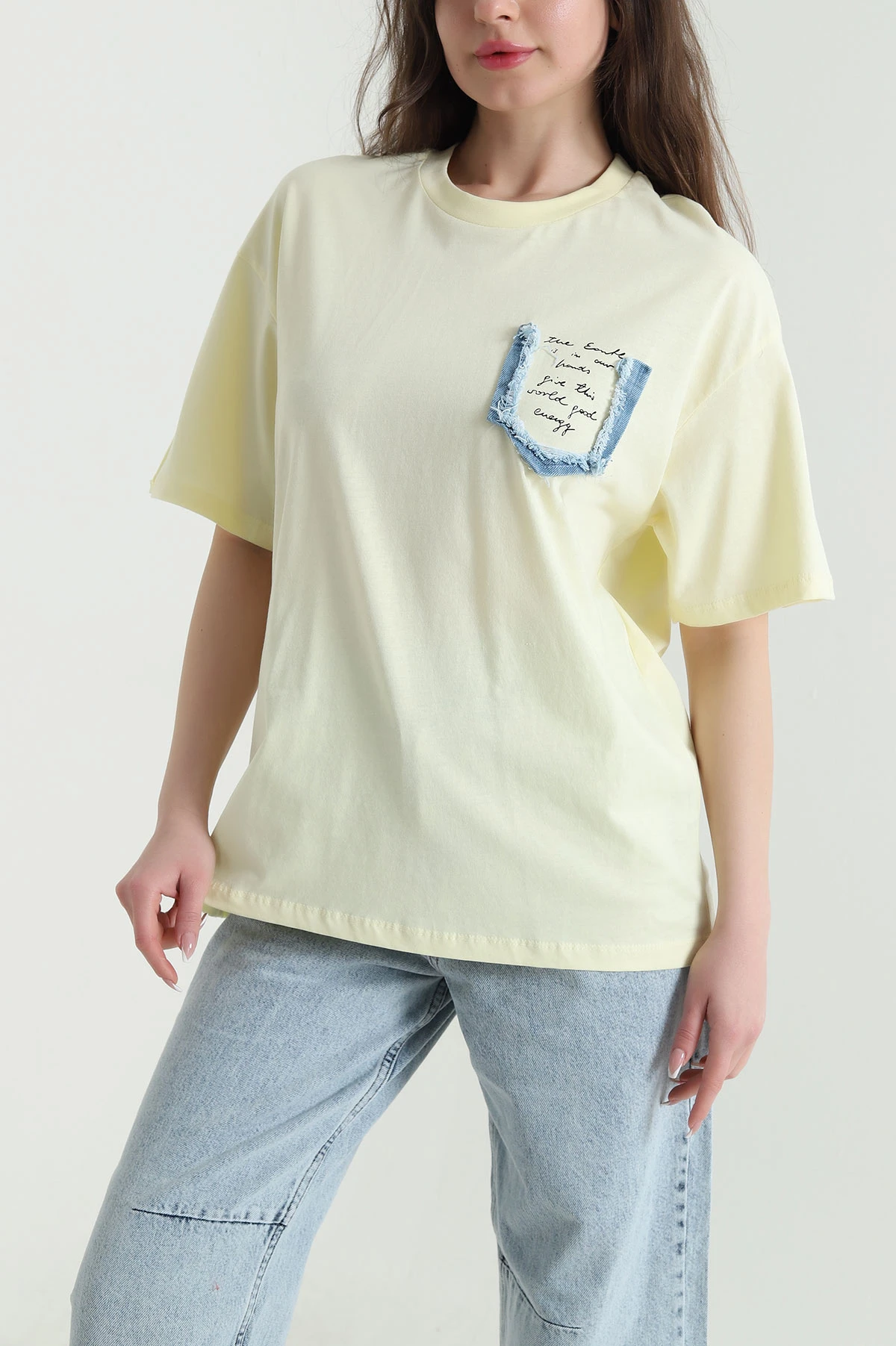Sarı Oversize Bisiklet Yaka Süprem Kadın Tişört 452517