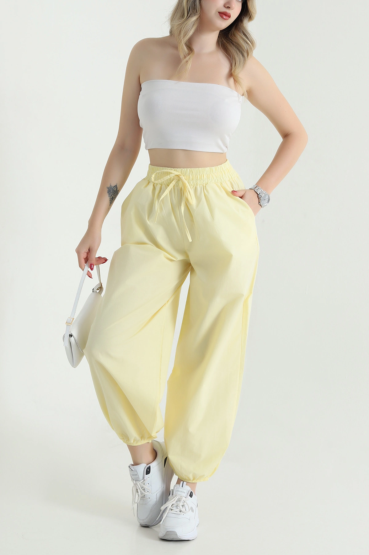 Sarı Paça Büzgü Lastik Tasarım Cepli Kadın Pantolon 469366