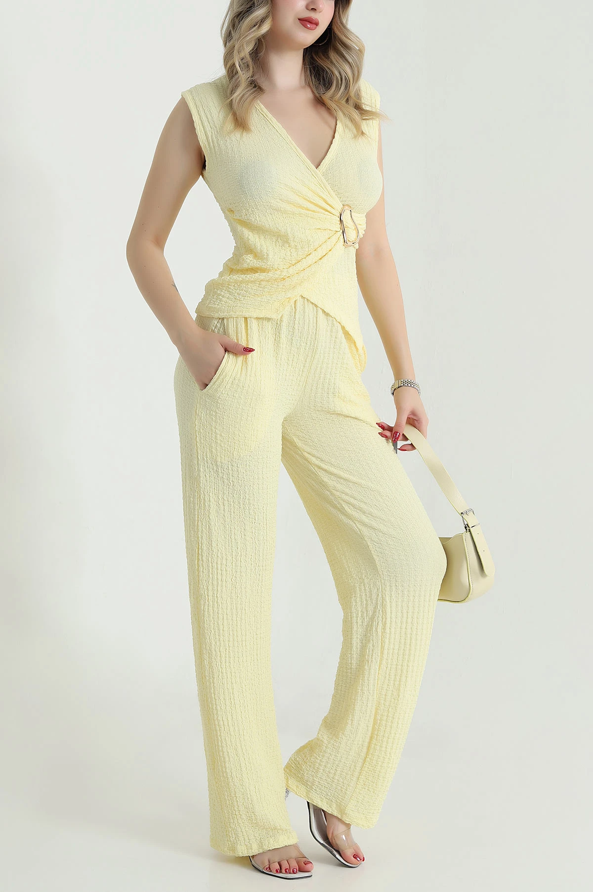 Sarı Pantolon Bluz Gofre Kadın İkili Takım 472814