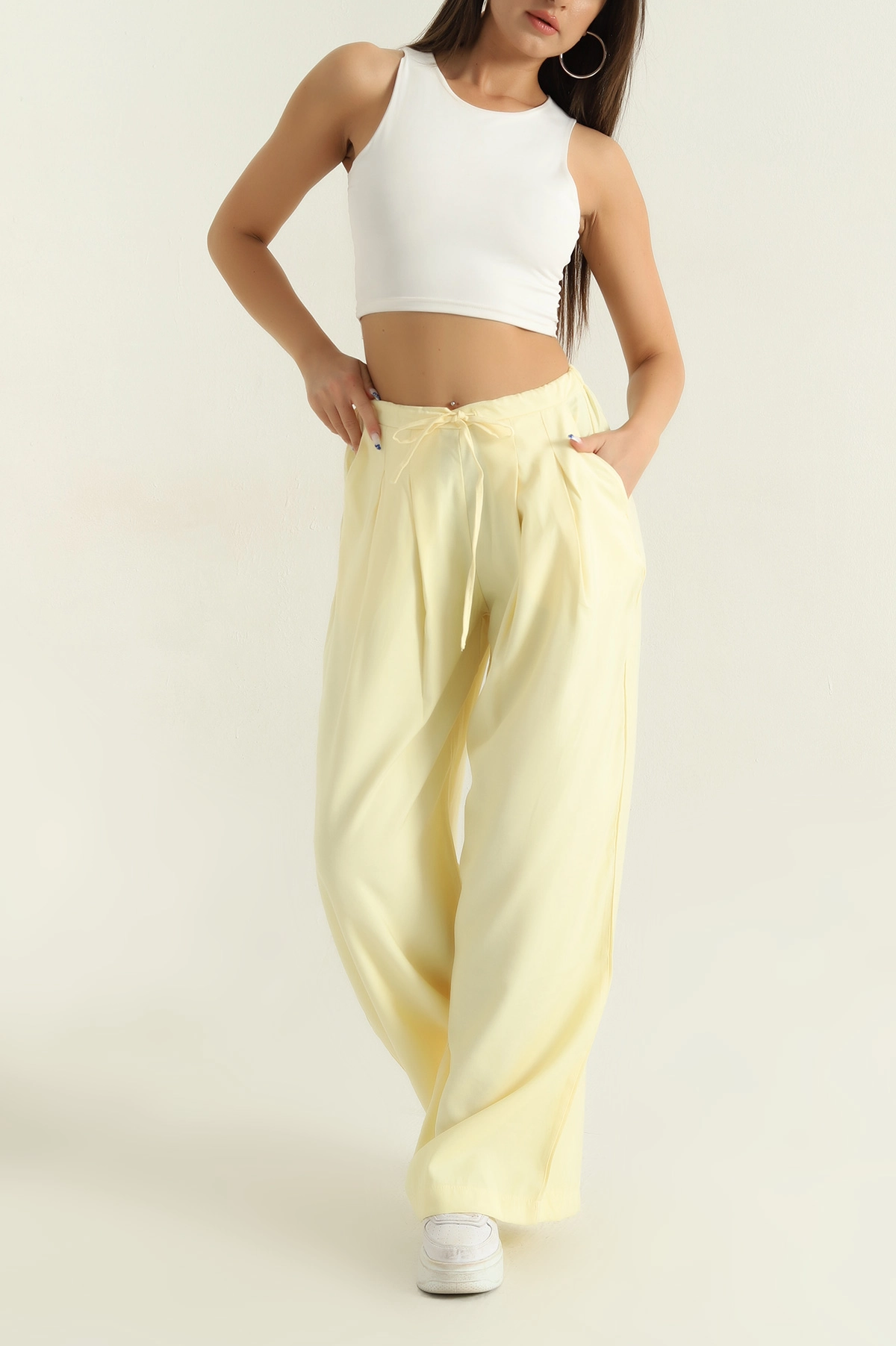 Sarı Pileli Tencel Bol Paça Kadın Pantolon 369814