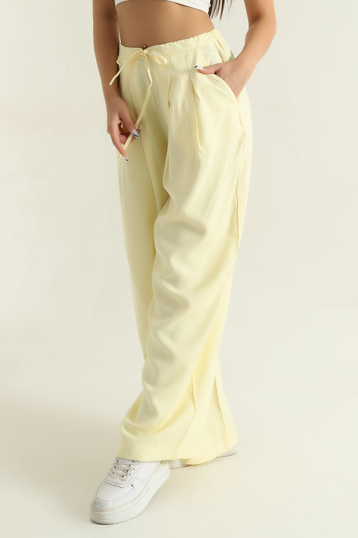 Sarı Pileli Tencel Bol Paça Kadın Pantolon 369814