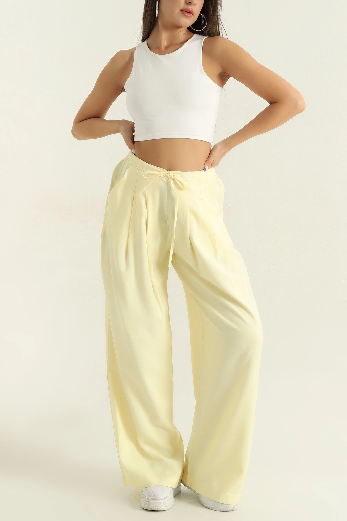 Sarı Pileli Tencel Bol Paça Kadın Pantolon 369814