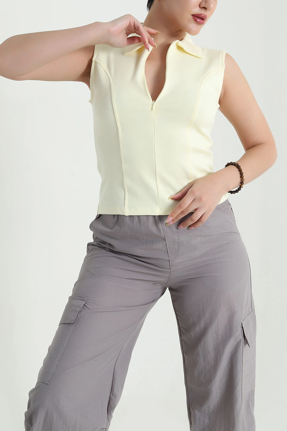Sarı Polo Yaka Fermuarlı Kadın Body Bluz 467086