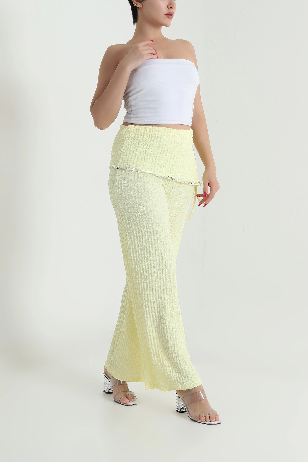 Sarı Pul Nakışlı Gofre Kadın Pantolon 472992