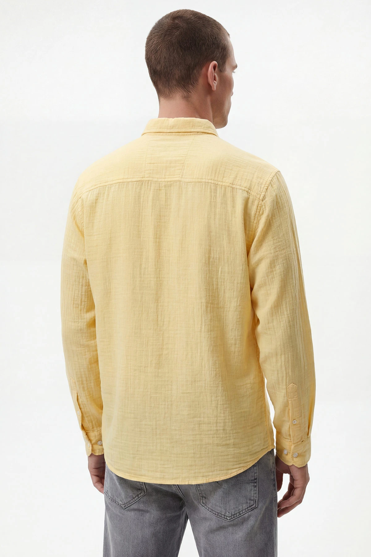 Sarı Relaxed Fit Müslin Keten Ata Yaka Erkek Gömlek 435751