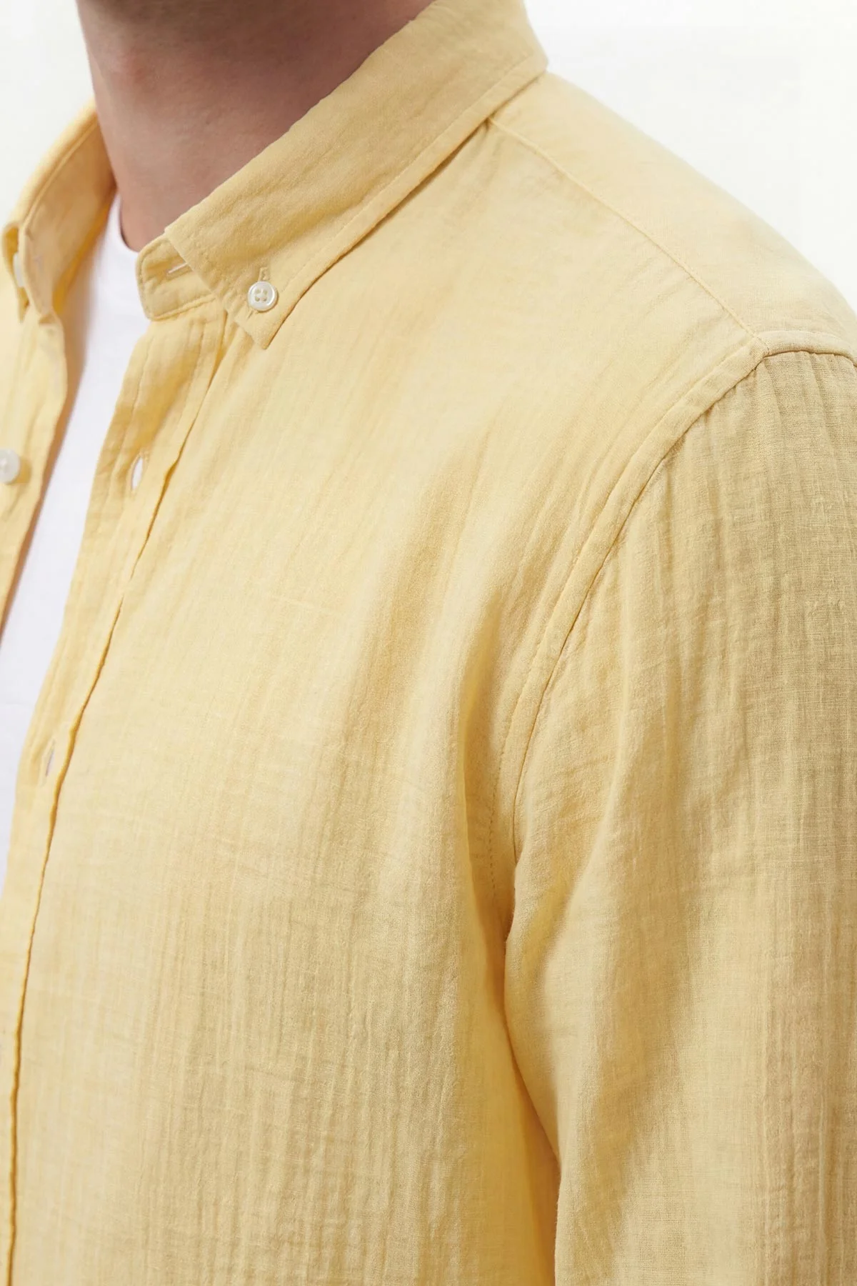 Sarı Relaxed Fit Müslin Keten Ata Yaka Erkek Gömlek 435751