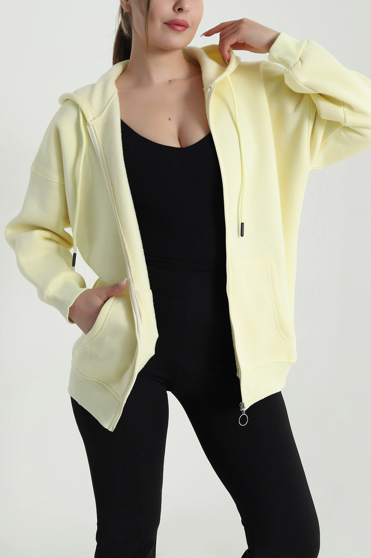 Sarı Şardonlu Üç İp Fermuarlı Kadın Sweat 484573