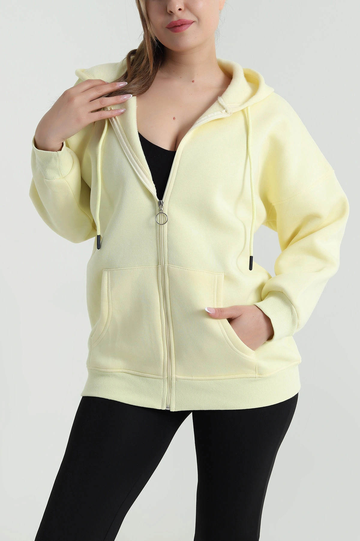 Sarı Şardonlu Üç İp Fermuarlı Kadın Sweat 484573