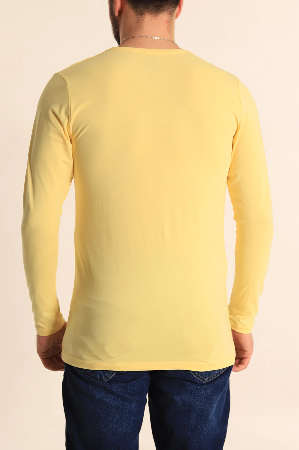 Sarı Slim Fit V Yaka Likralı Basic Erkek Sweatshirt 234992