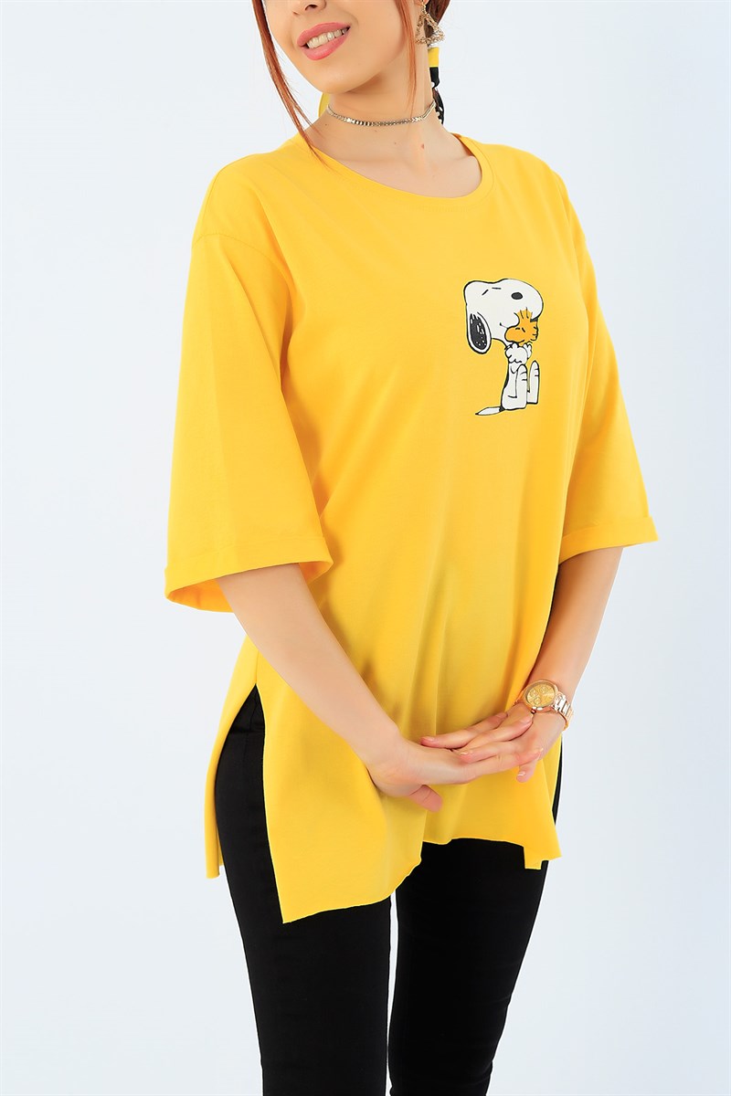 Sarı Snoopy Baskı Duble Kol Bayan Tişört 33940