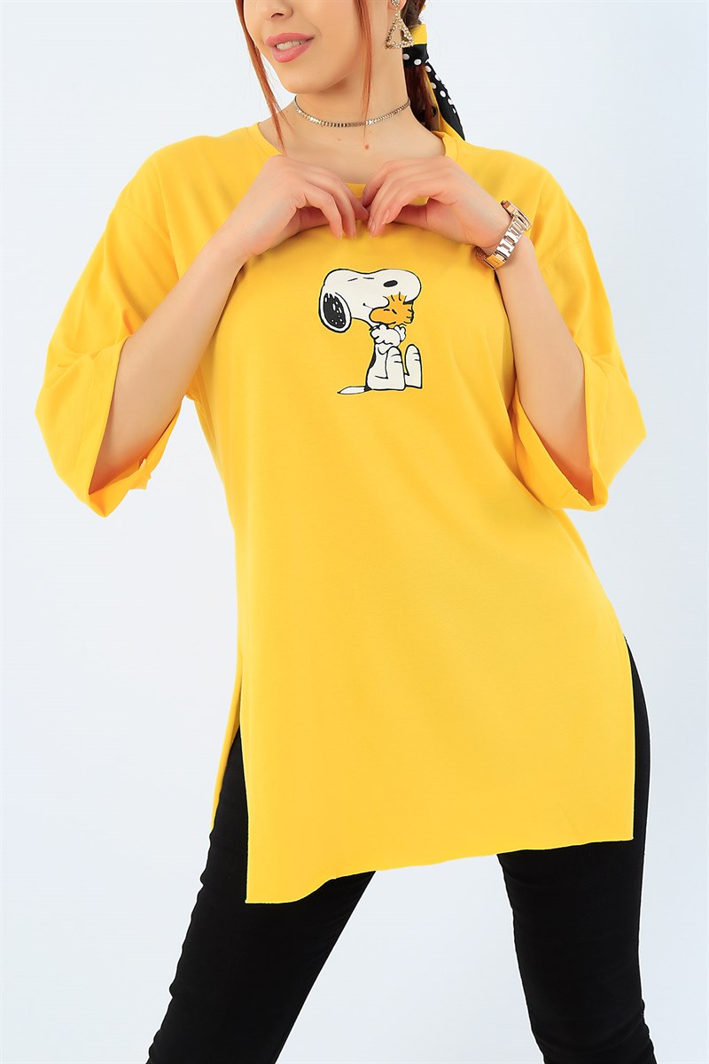 Sarı Snoopy Baskı Duble Kol Bayan Tişört 33940