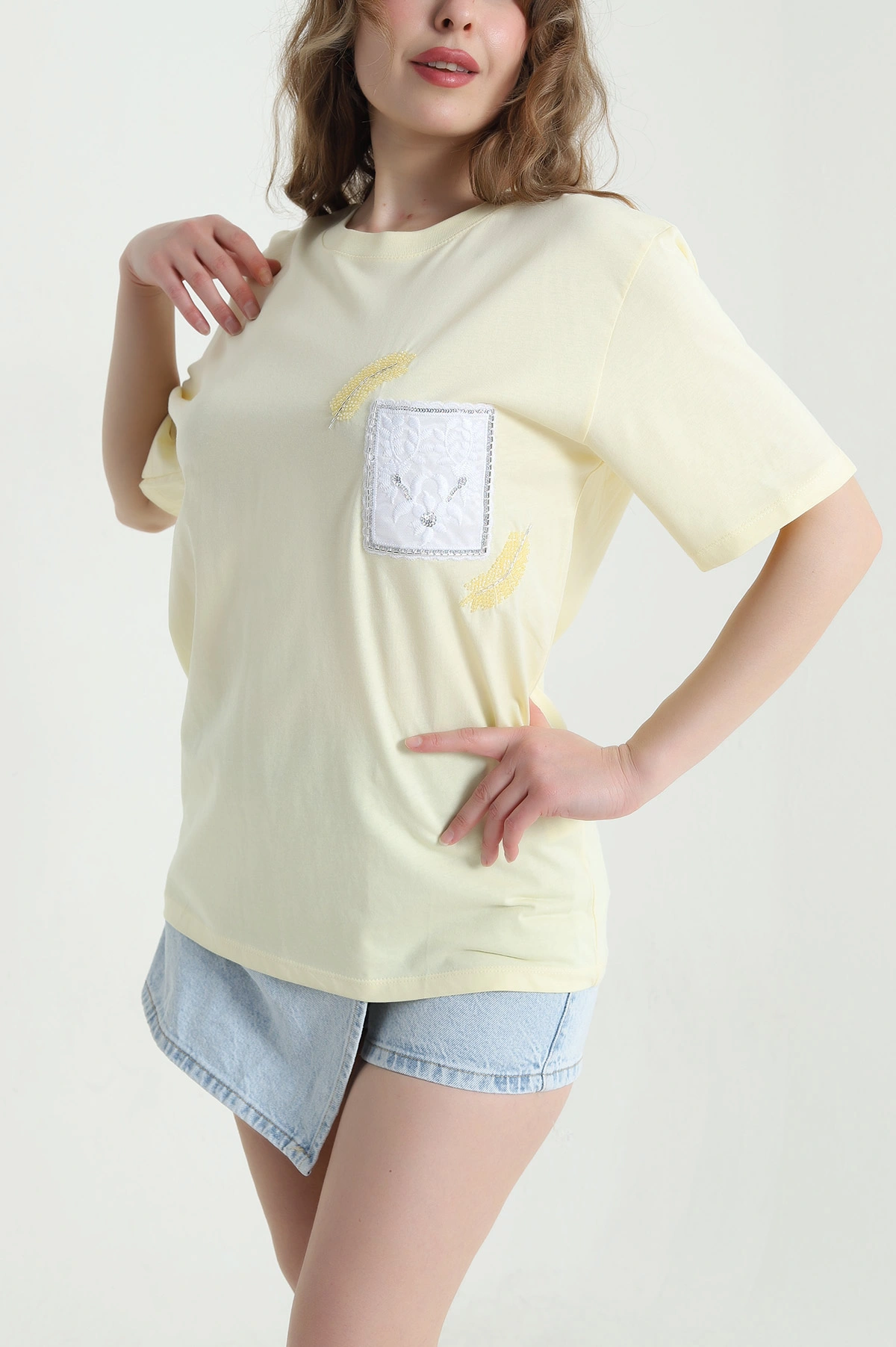 Sarı Taşlı Tasarım Oversize Süprem Kadın Tişört 451803