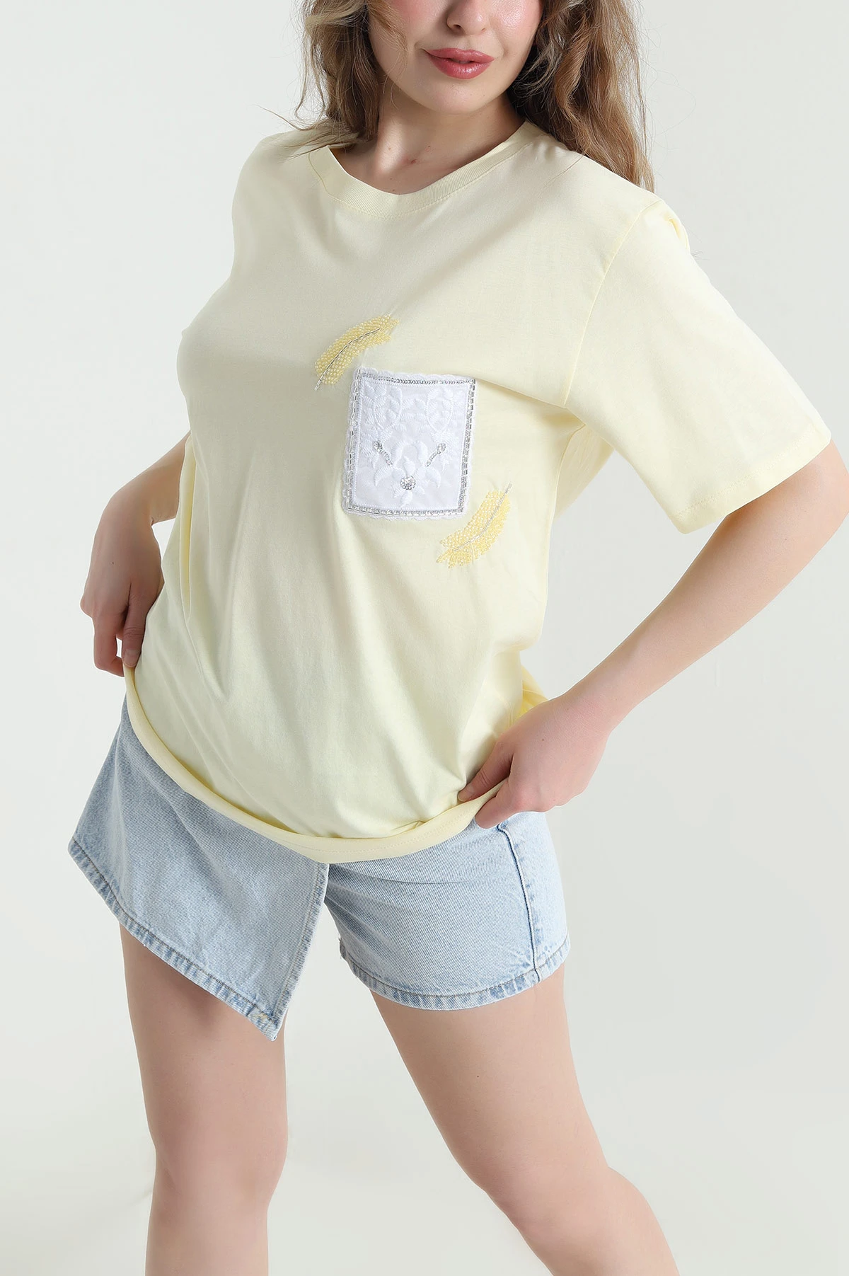 Sarı Taşlı Tasarım Oversize Süprem Kadın Tişört 451803