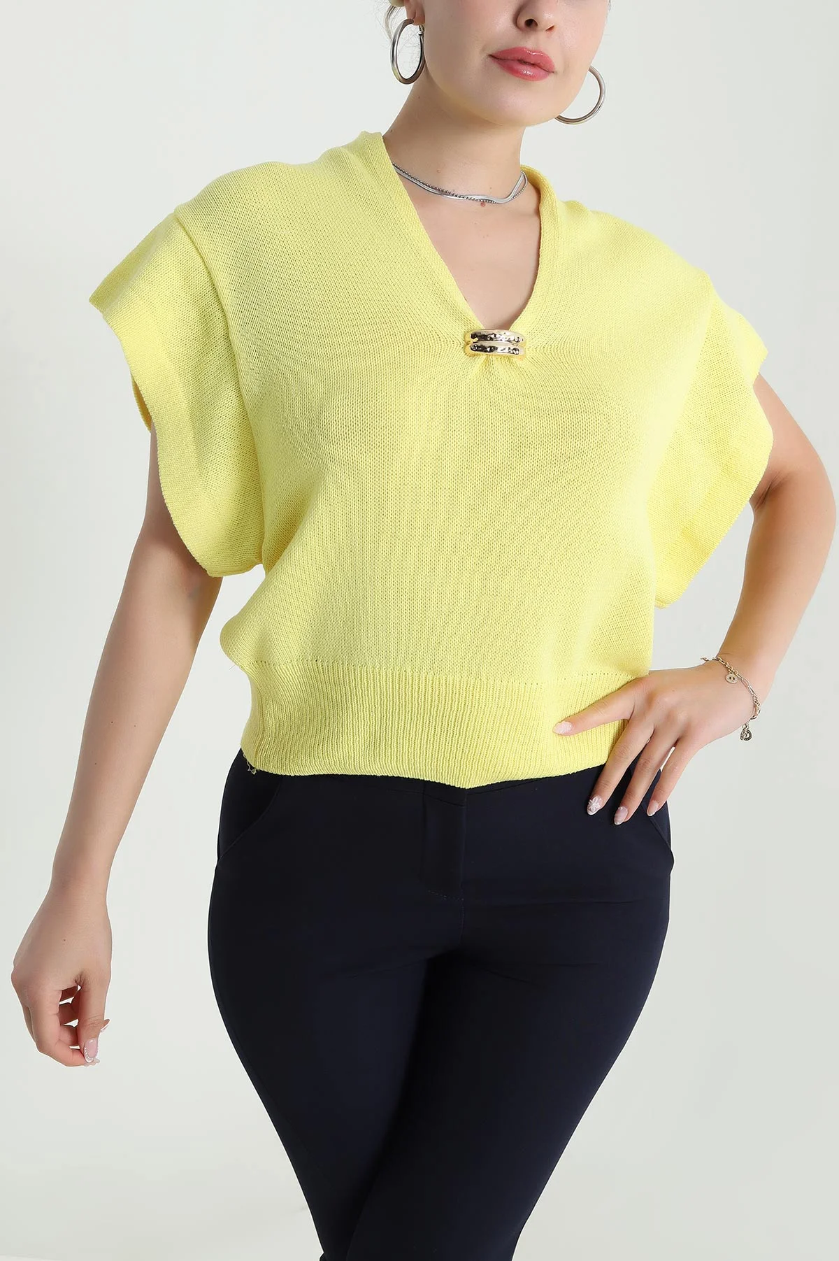 Sarı Tokalı Triko Kadın Bluz 477613